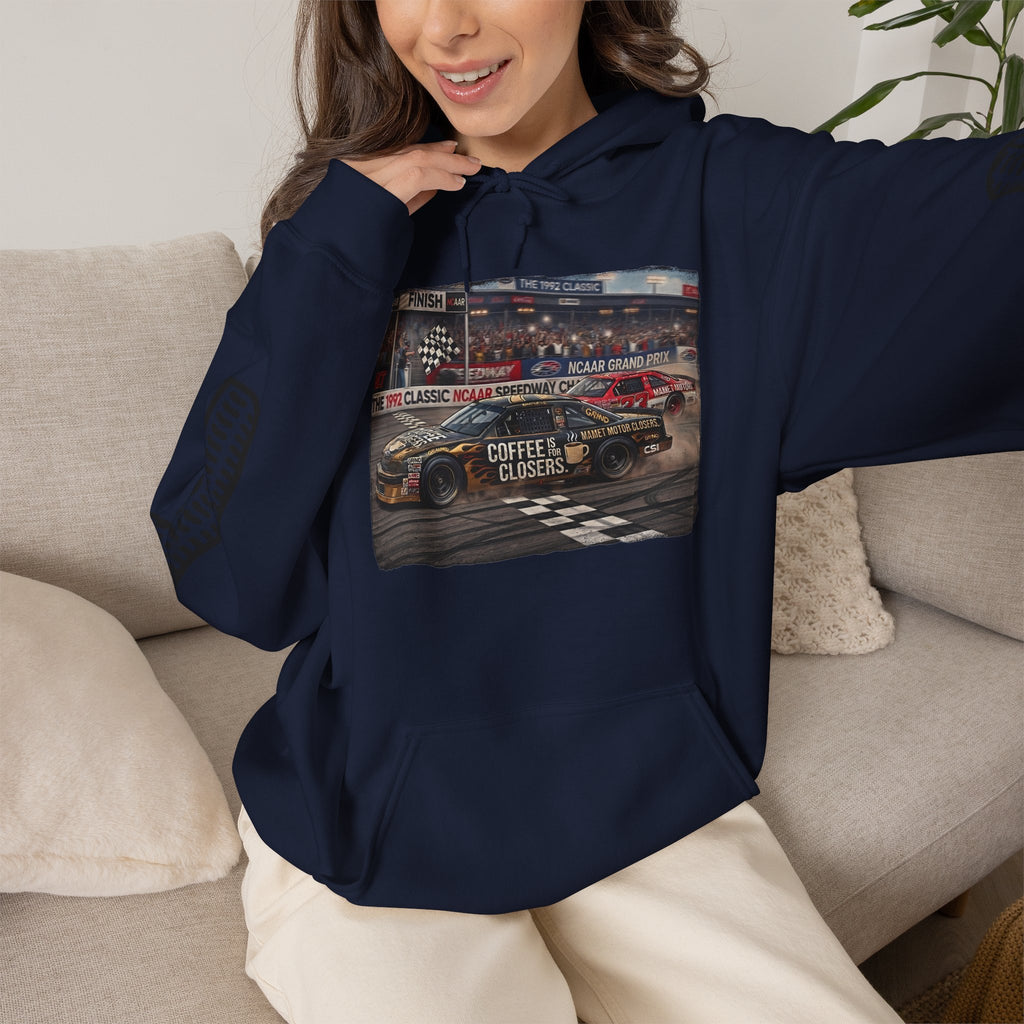 Racing Garage Hooded Sweatshirt — Vintage Racecar Track Scene