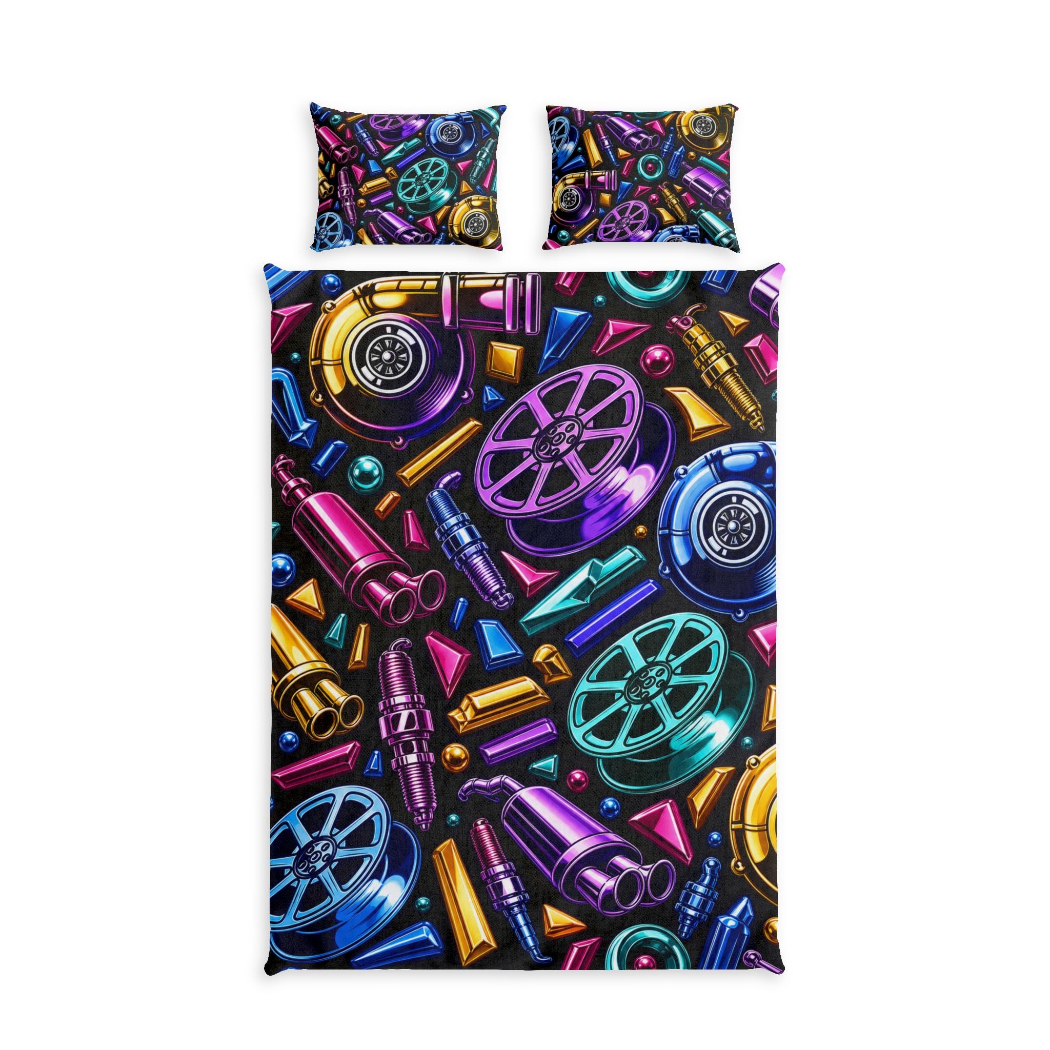 Car Parts Pattern Cotton Bed Set — Colorful Mechanical Design Duvet Cover