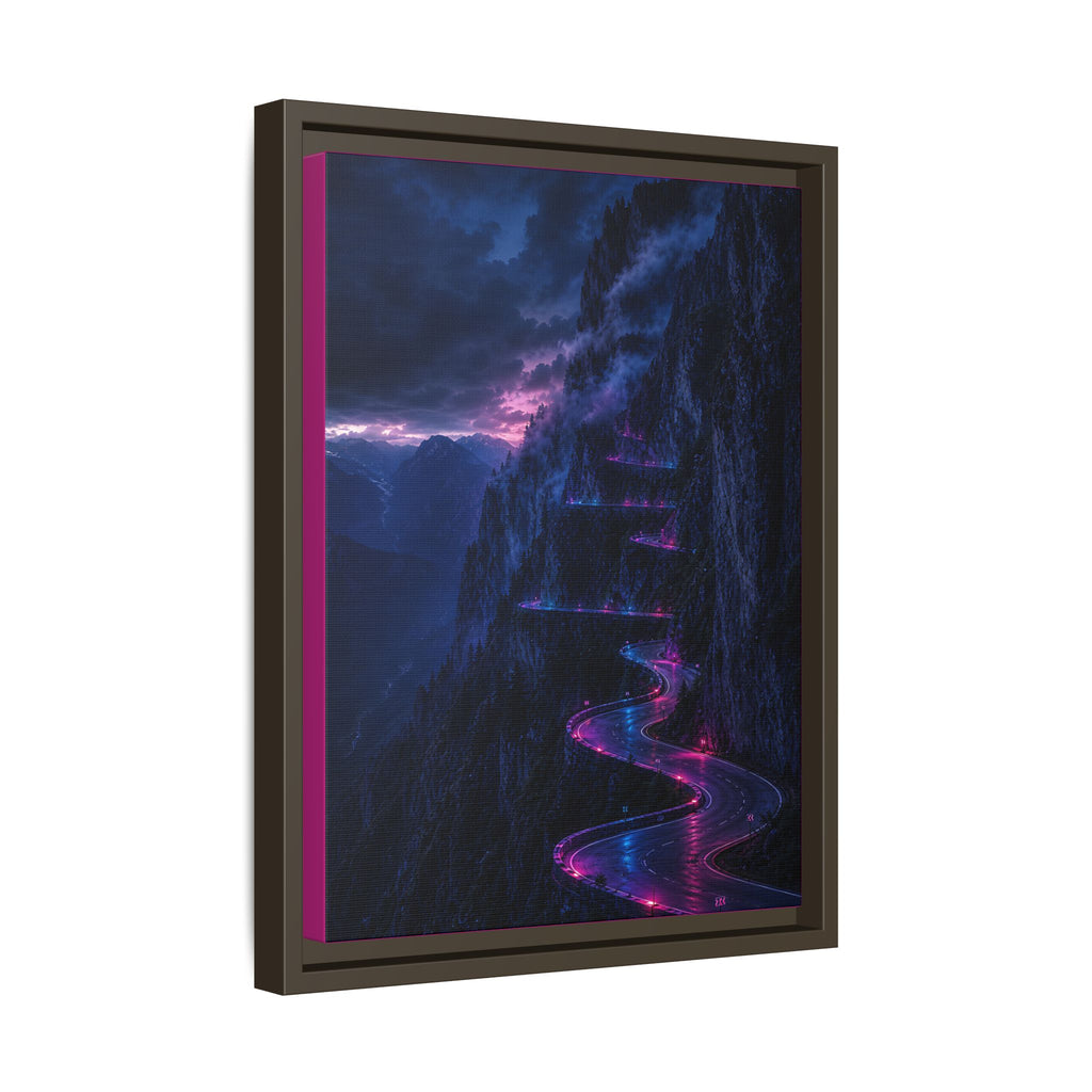Neon Mountain Road Matte Canvas Print — Framed Nightscape Wall Art
