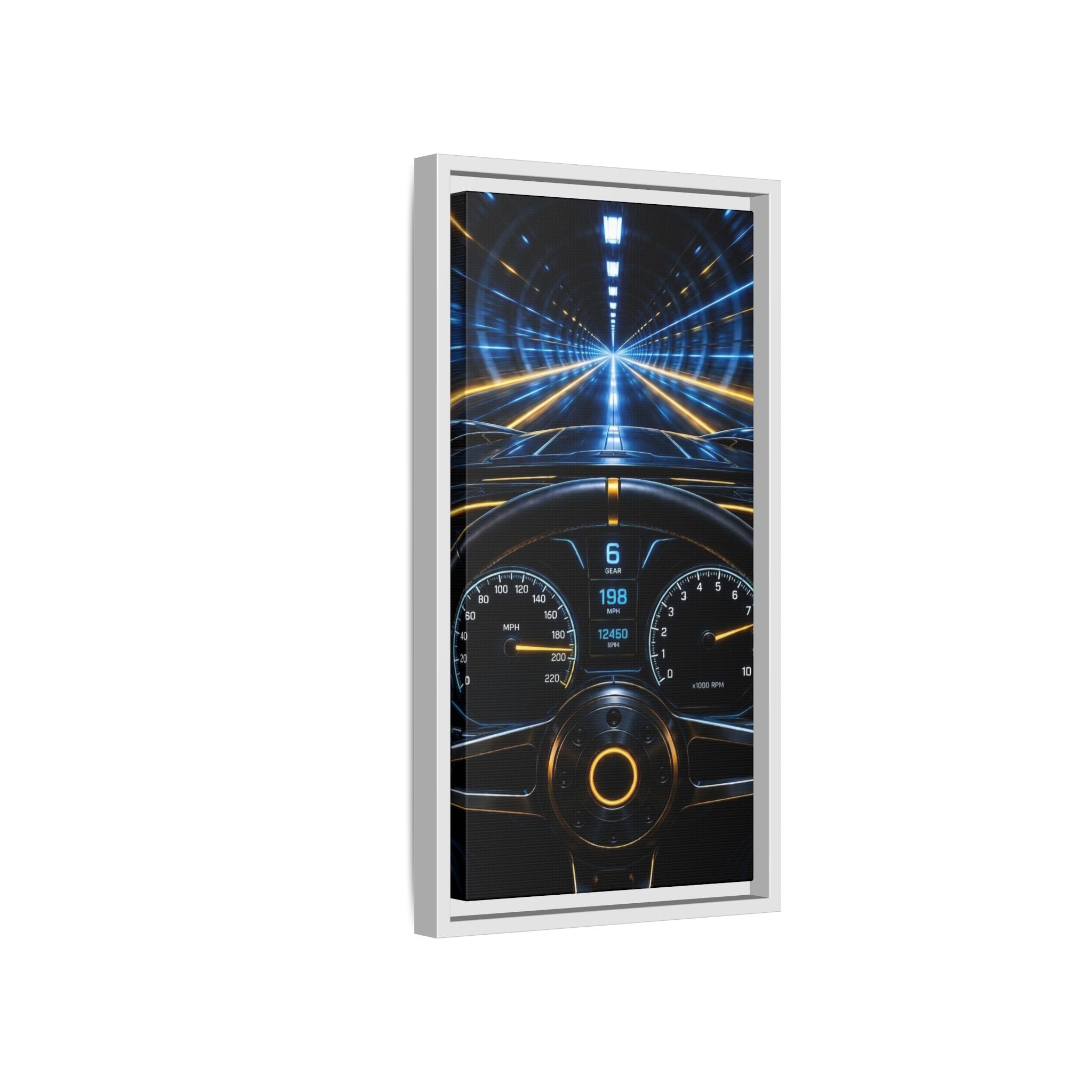 Tunnel Drive Framed Canvas Print — Retro Futuristic Car Dashboard Wall Art