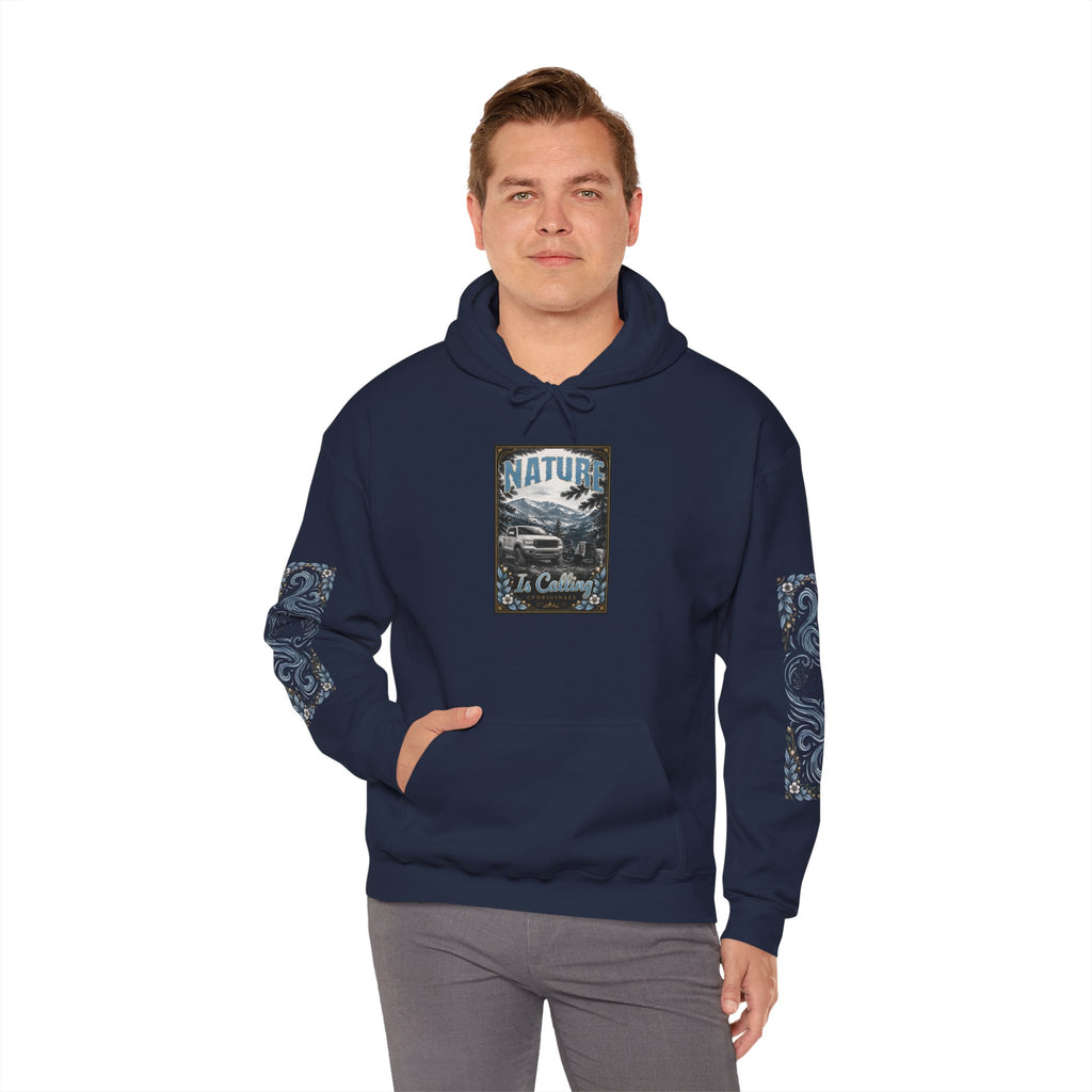 Nature Is Calling Hoodie — Scenic Mountain Graphic Hooded Sweatshirt with Sleeve Paisley Art