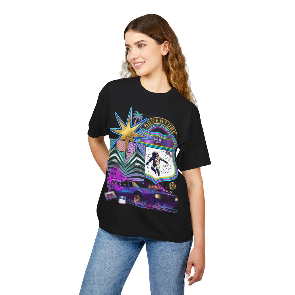 Retro Neon Adventure T-Shirt — 80s Vaporwave Car & Skate Graphic