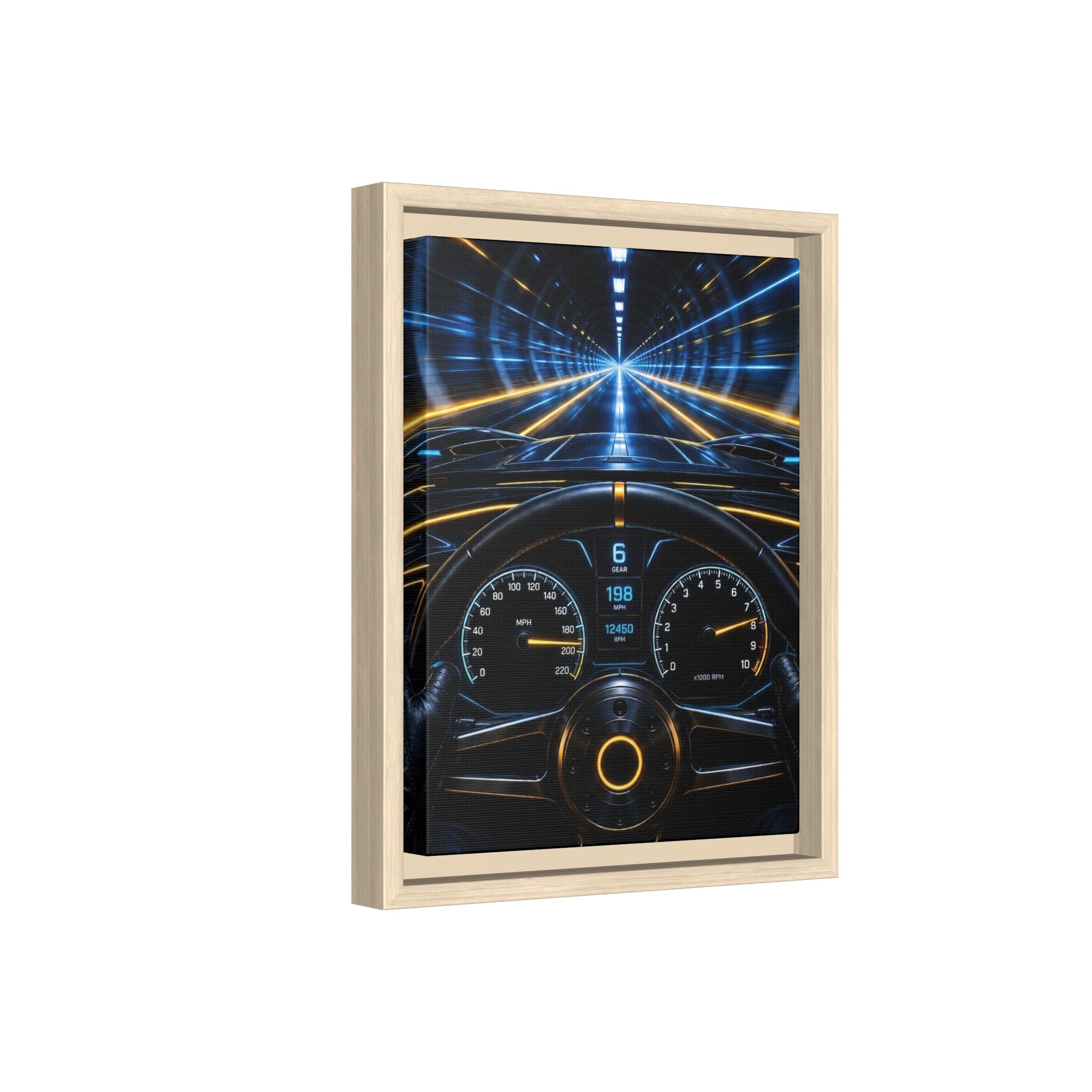 Tunnel Drive Framed Canvas Print — Retro Futuristic Car Dashboard Wall Art