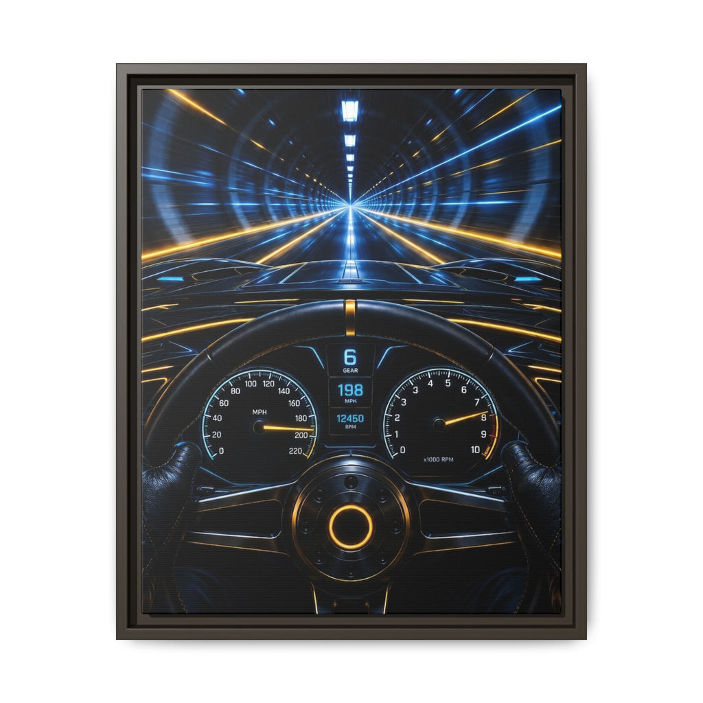 Tunnel Drive Framed Canvas Print — Retro Futuristic Car Dashboard Wall Art