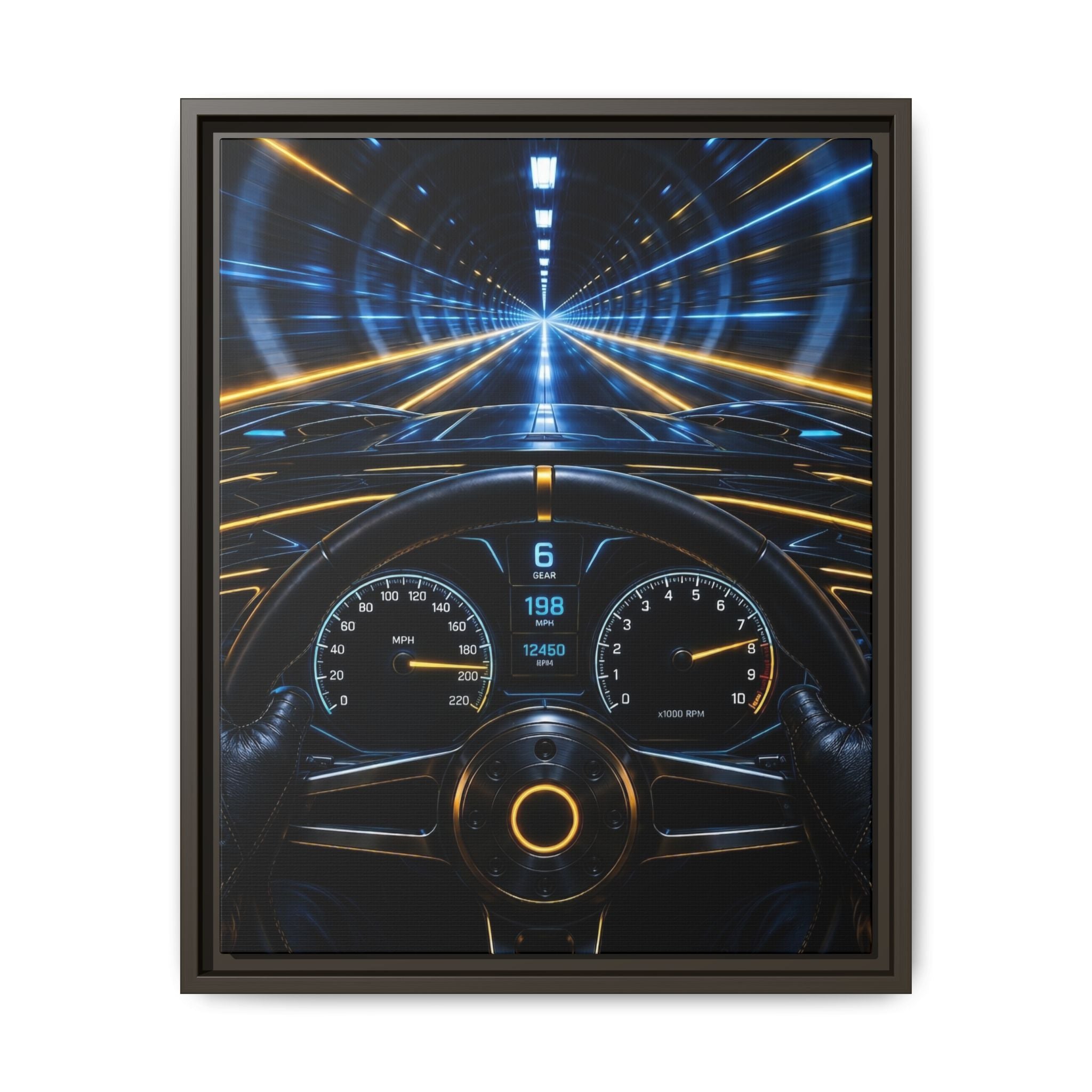 Tunnel Drive Framed Canvas Print — Retro Futuristic Car Dashboard Wall Art