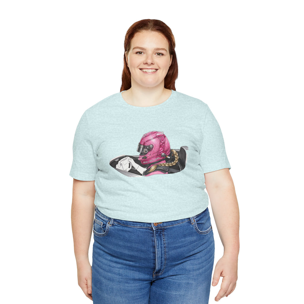 Drive Like a Girl — Pink Racing Helmet Graphic T-Shirt
