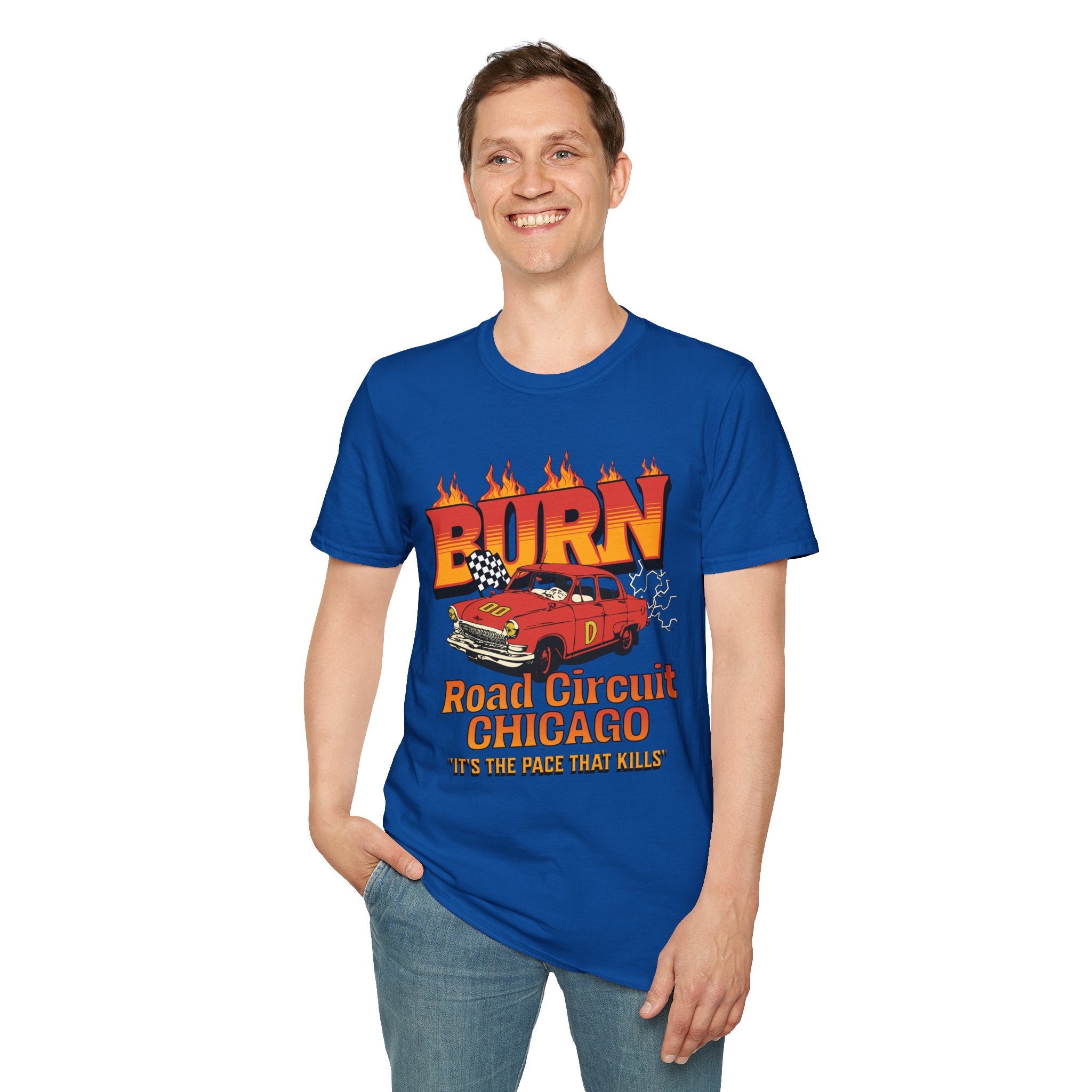 Racing 'BURN' Graphic Tee — Retro Flaming Racecar Chicago Track Shirt
