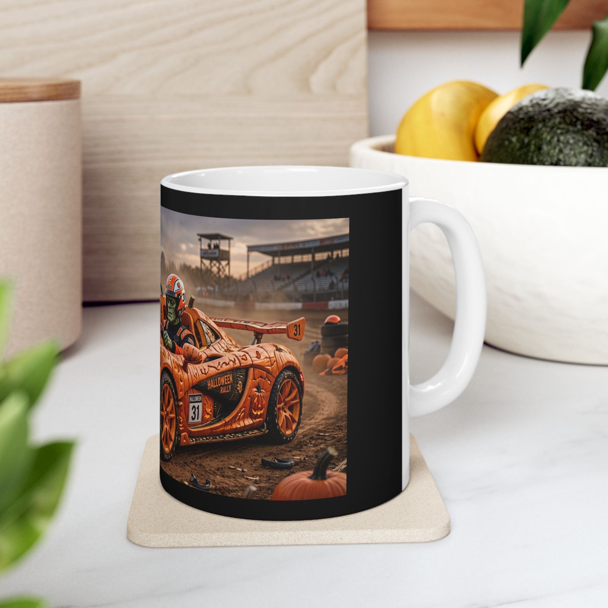 Racing Car Mug — Orange Pumpkin Sports Car (11oz & 15oz)