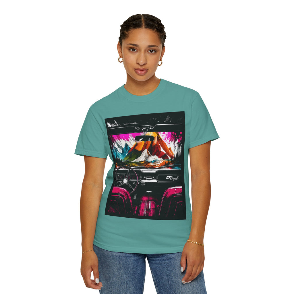 CarFits.store Big Prints T-Shirt — Retro Engine & Scenic Drive