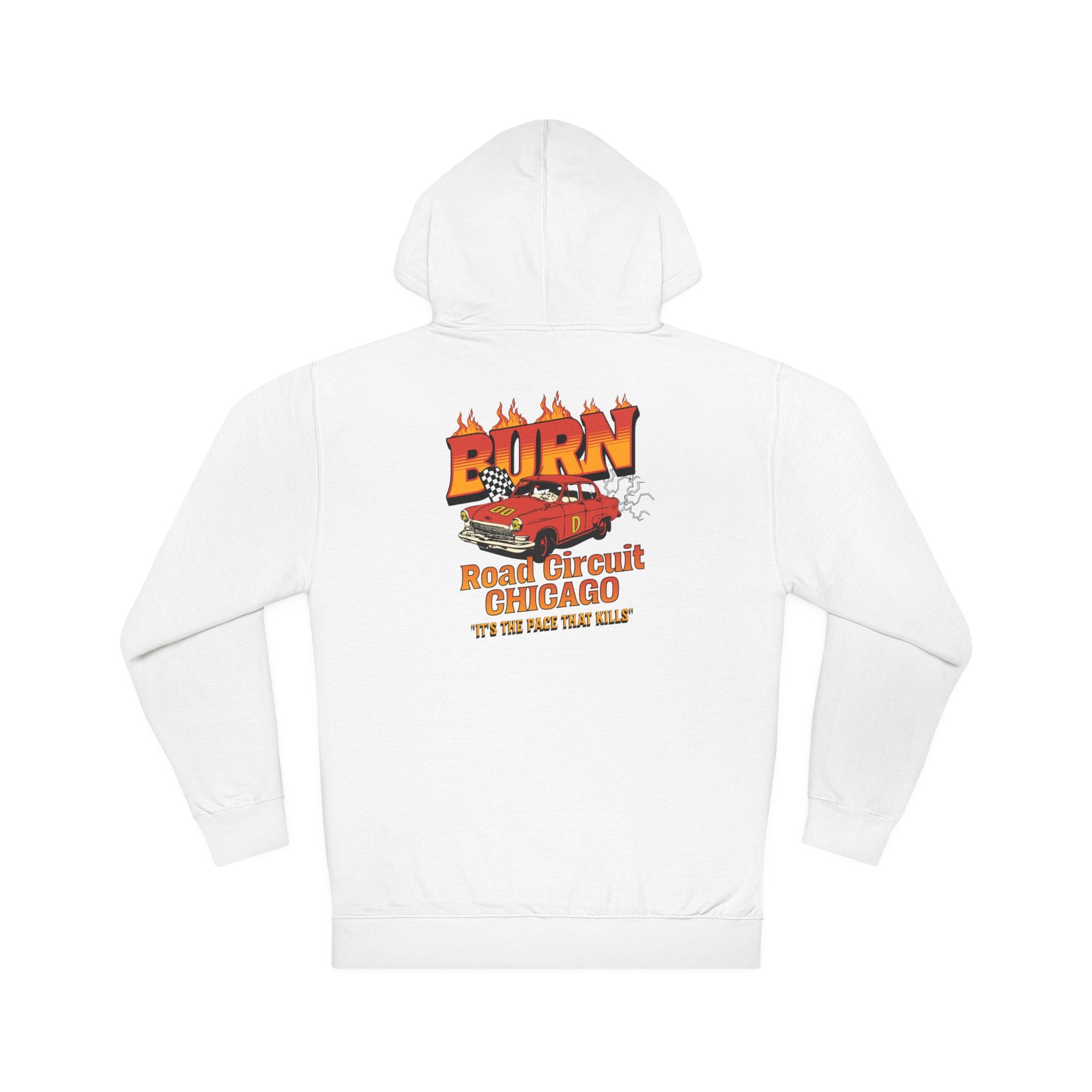 Chicago Road Circuit Hoodie — 'Burn' Flaming Race Car Retro Graphic Sweatshirt