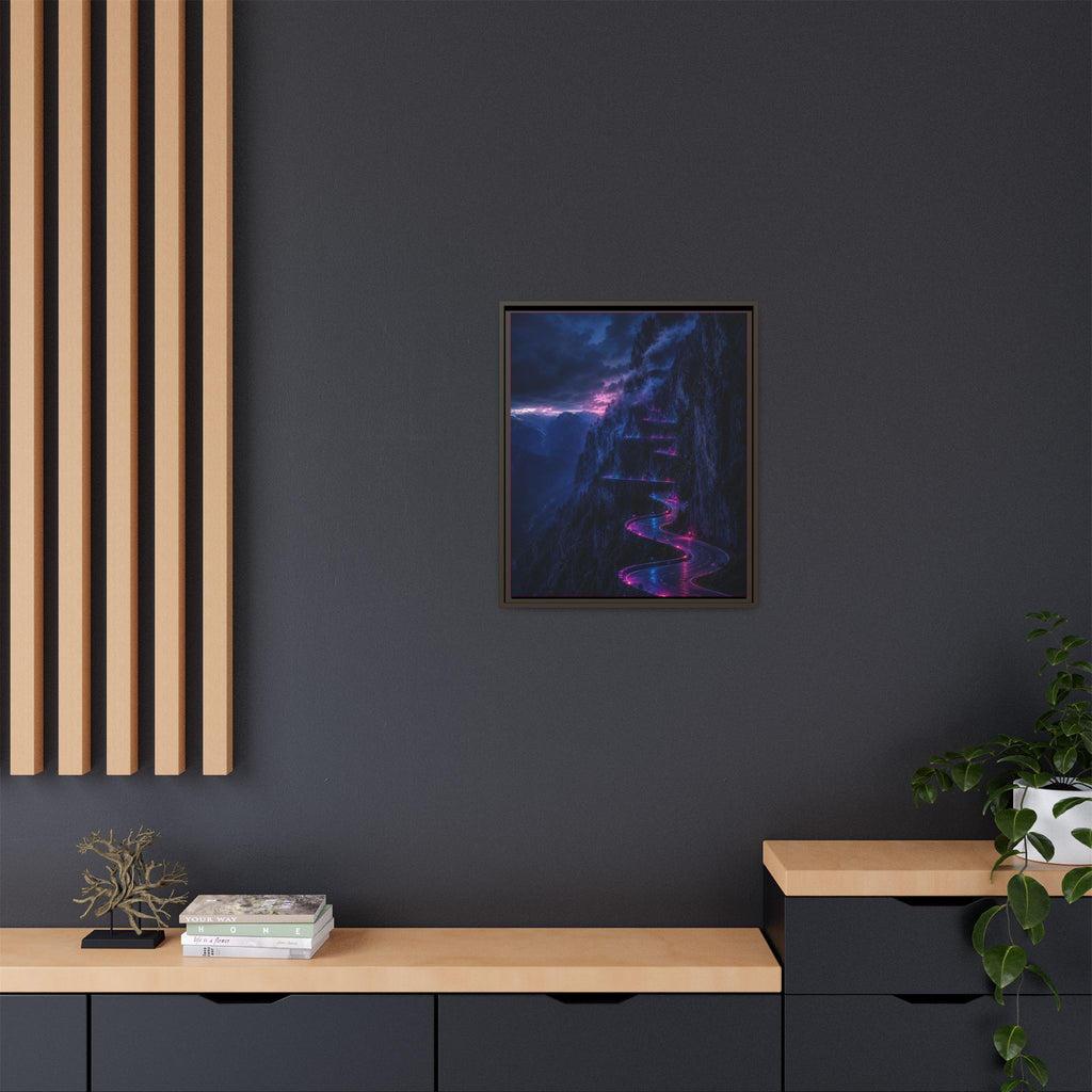 Neon Mountain Road Matte Canvas Print — Framed Nightscape Wall Art