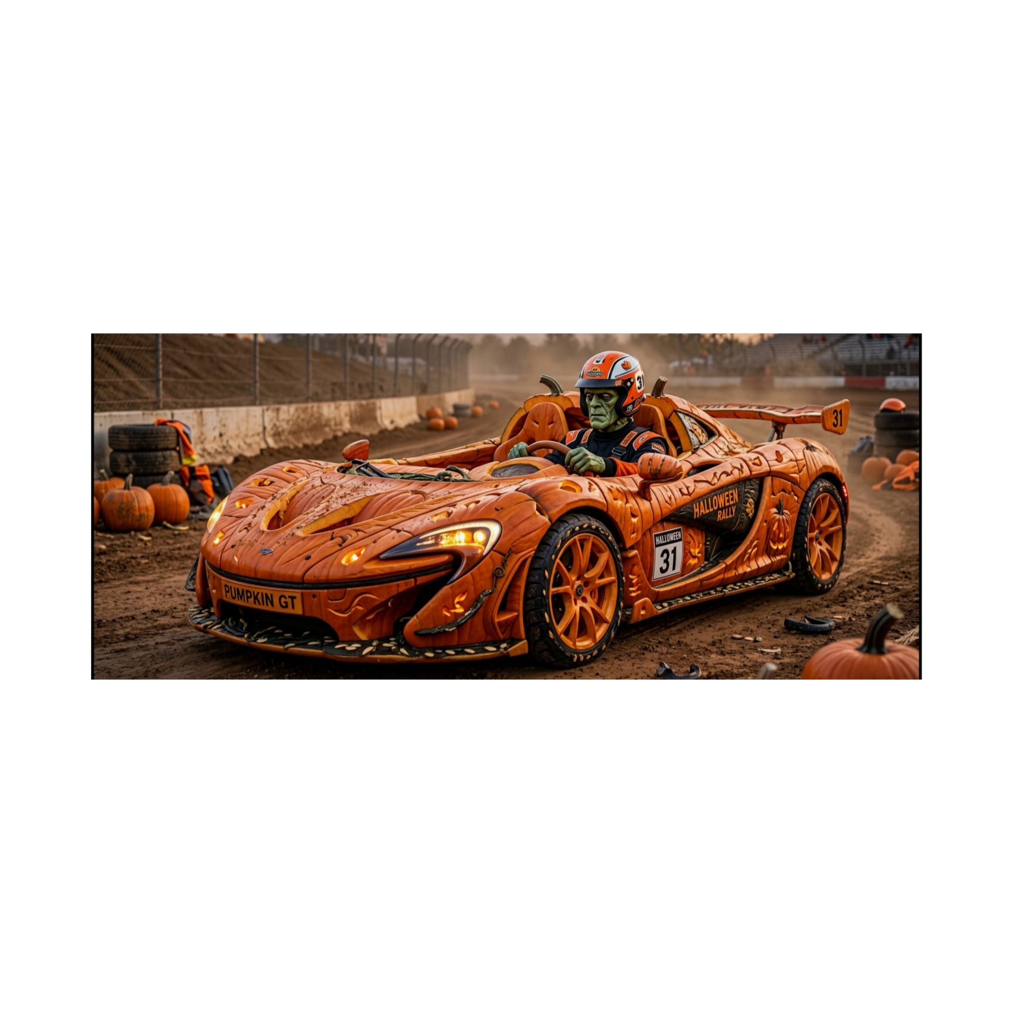 Halloween Race Car Poster — Orange Pumpkin Sports Car Matte Horizontal Print