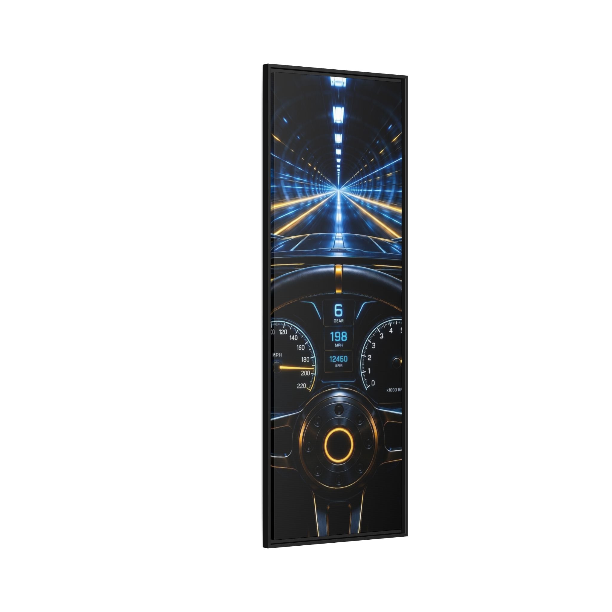 Tunnel Drive Framed Canvas Print — Retro Futuristic Car Dashboard Wall Art