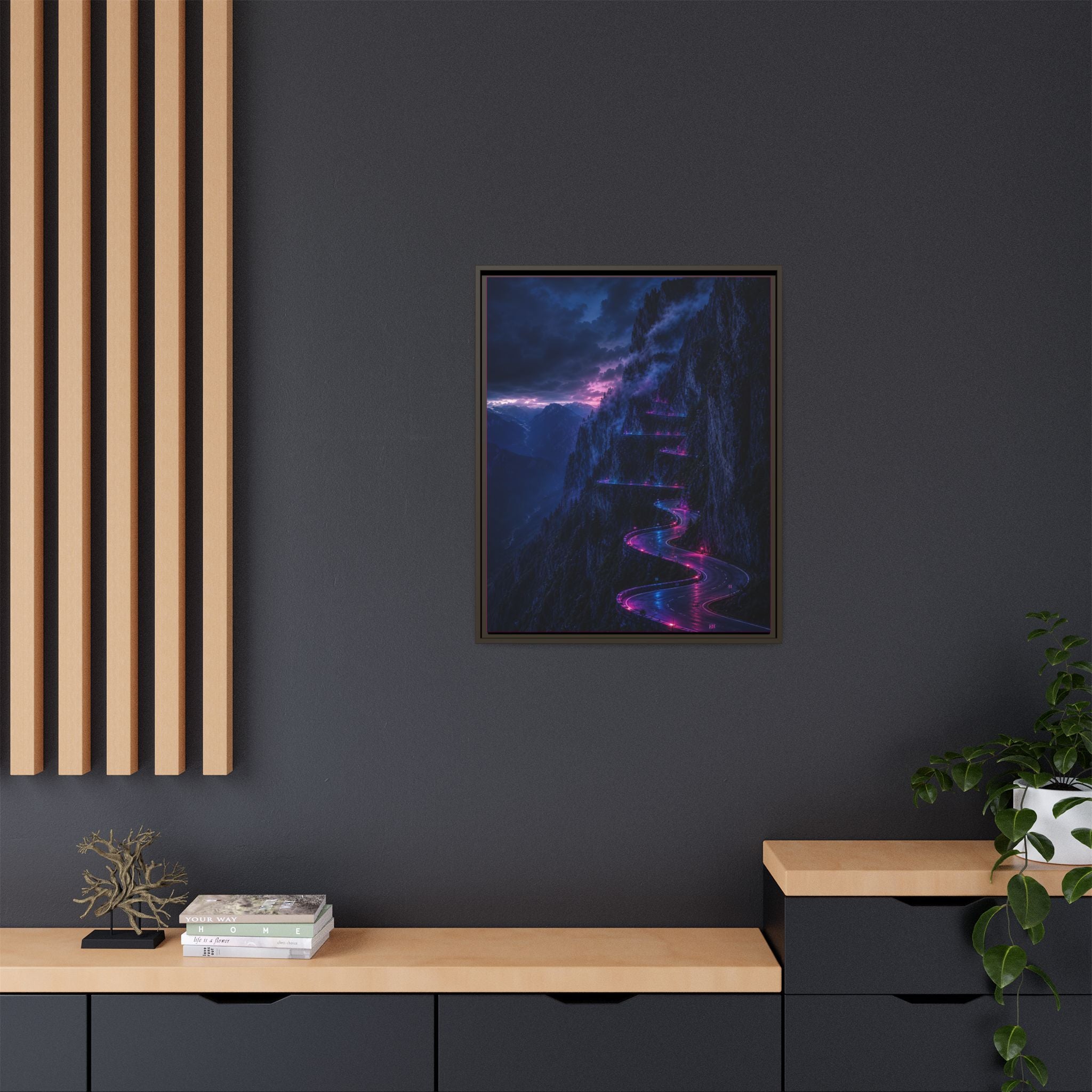 Neon Mountain Road Matte Canvas Print — Framed Nightscape Wall Art