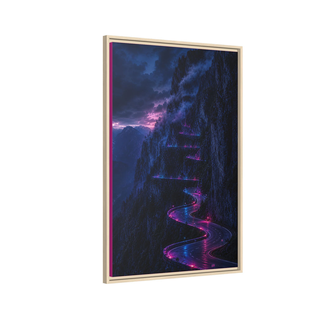 Neon Mountain Road Matte Canvas Print — Framed Nightscape Wall Art