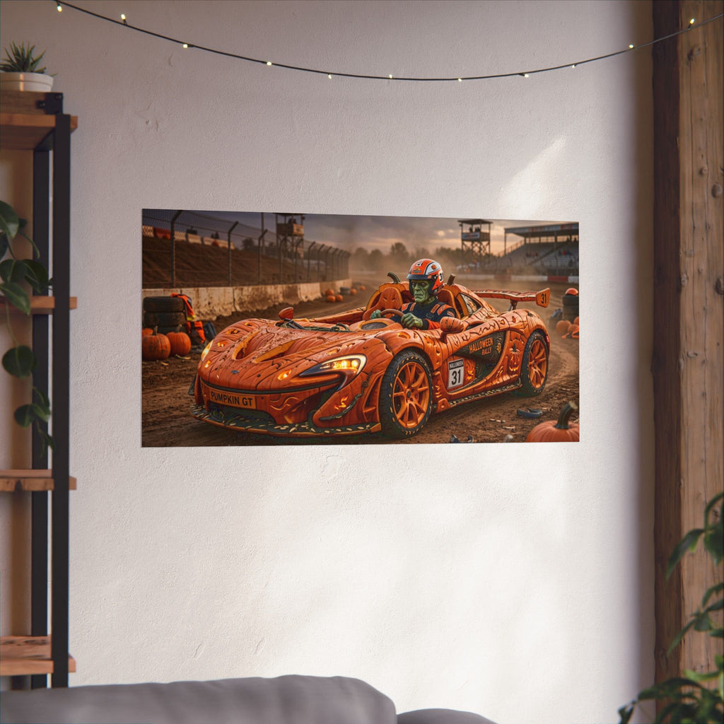 Halloween Race Car Poster — Orange Pumpkin Sports Car Matte Horizontal Print