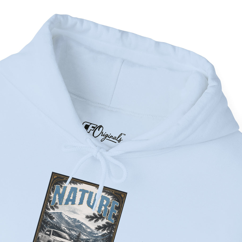 Nature Is Calling Hoodie — Scenic Mountain Graphic Hooded Sweatshirt with Sleeve Paisley Art
