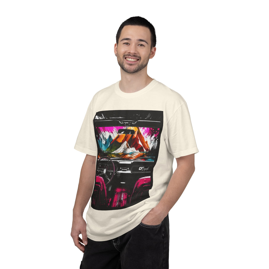 CarFits.store Big Prints T-Shirt — Retro Engine & Scenic Drive