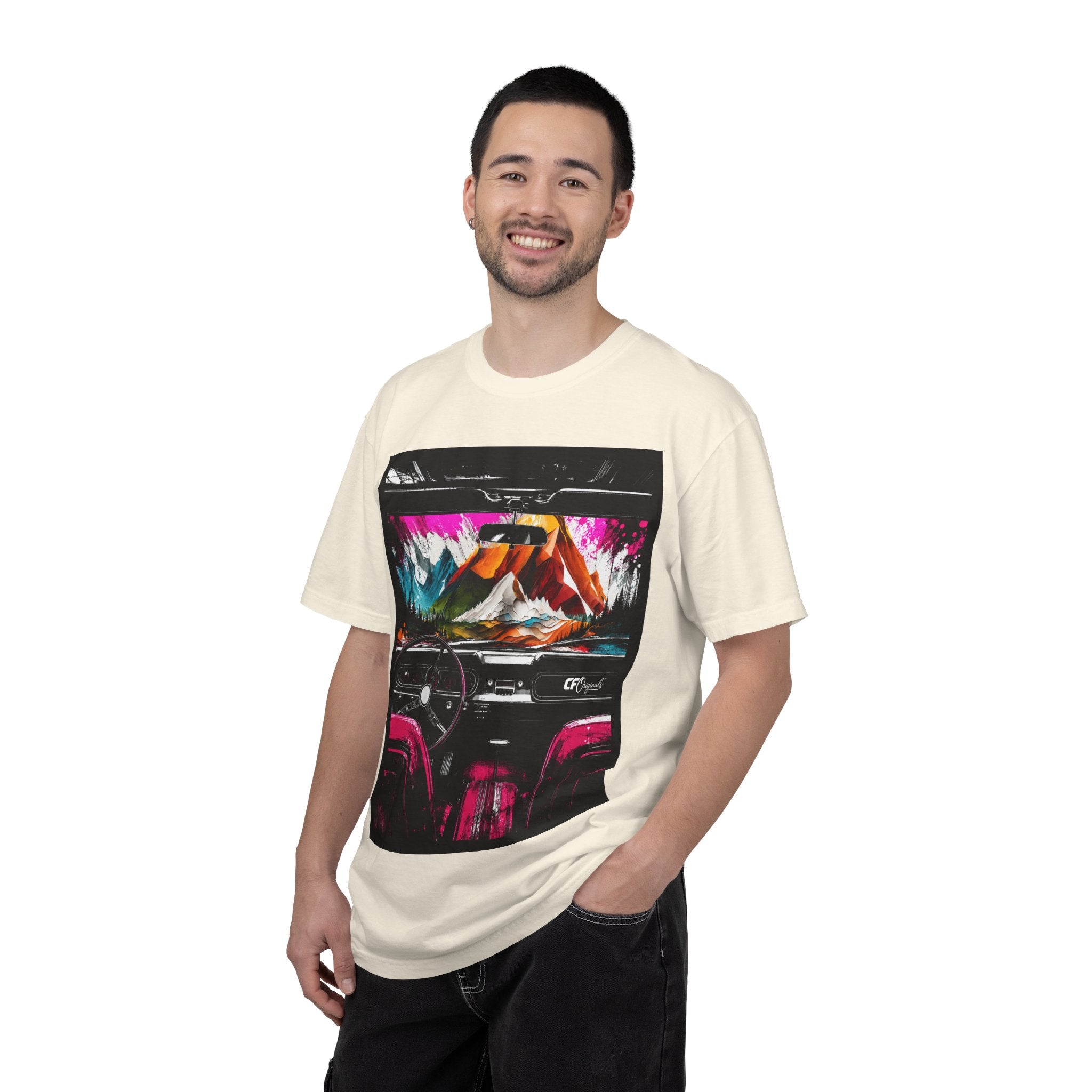 CarFits.store Big Prints T-Shirt — Retro Engine & Scenic Drive