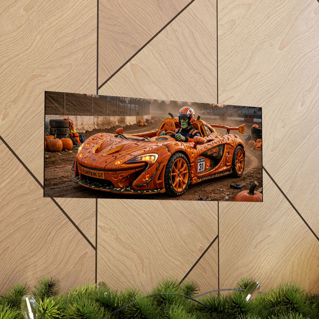Halloween Race Car Poster — Orange Pumpkin Sports Car Matte Horizontal Print