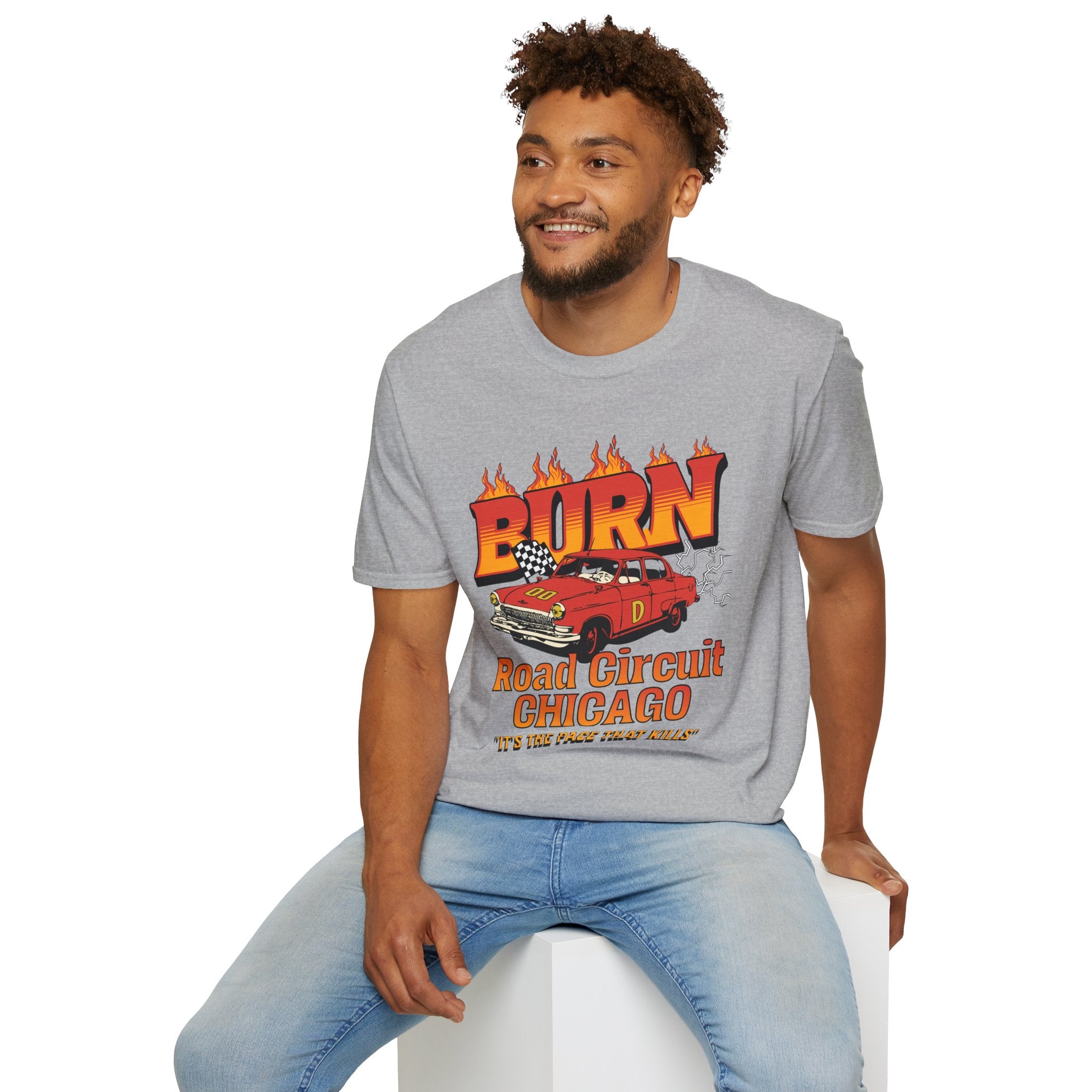 Racing 'BURN' Graphic Tee — Retro Flaming Racecar Chicago Track Shirt
