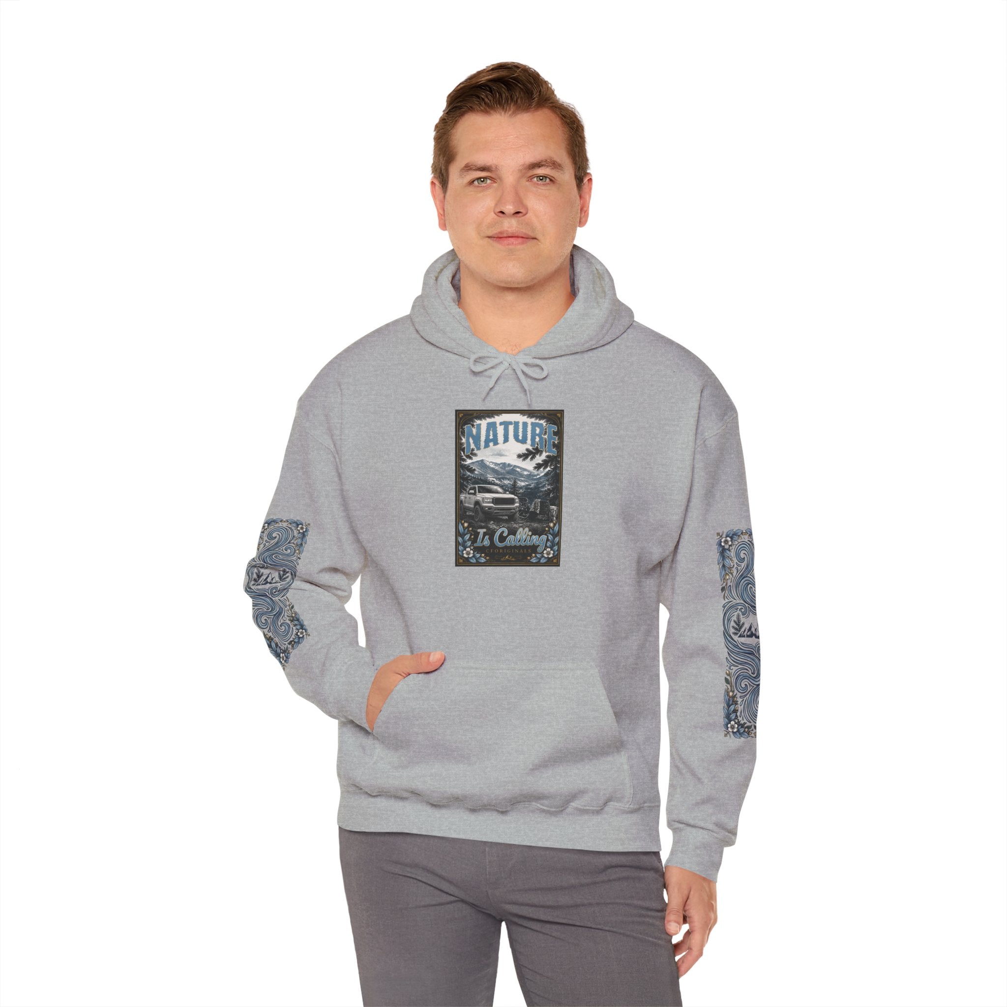 Nature Is Calling Hoodie — Scenic Mountain Graphic Hooded Sweatshirt with Sleeve Paisley Art