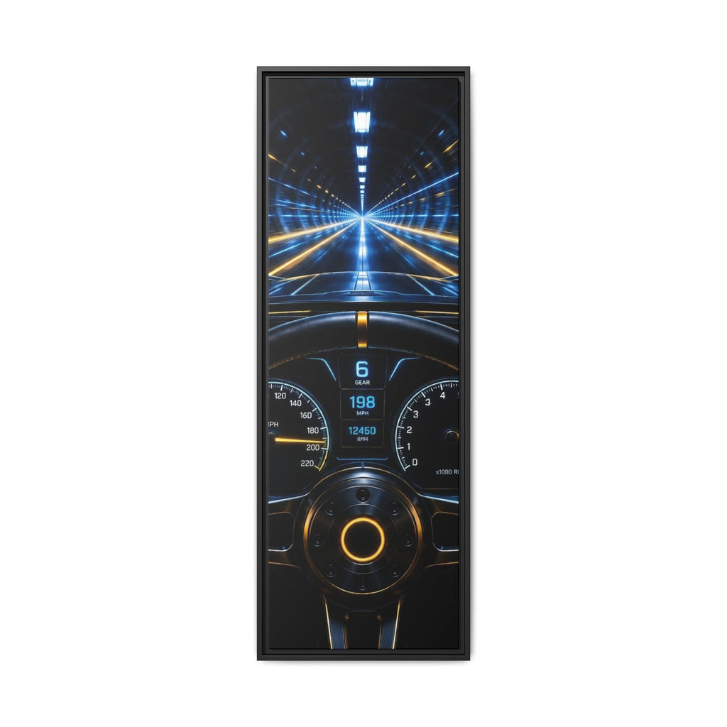 Tunnel Drive Framed Canvas Print — Retro Futuristic Car Dashboard Wall Art