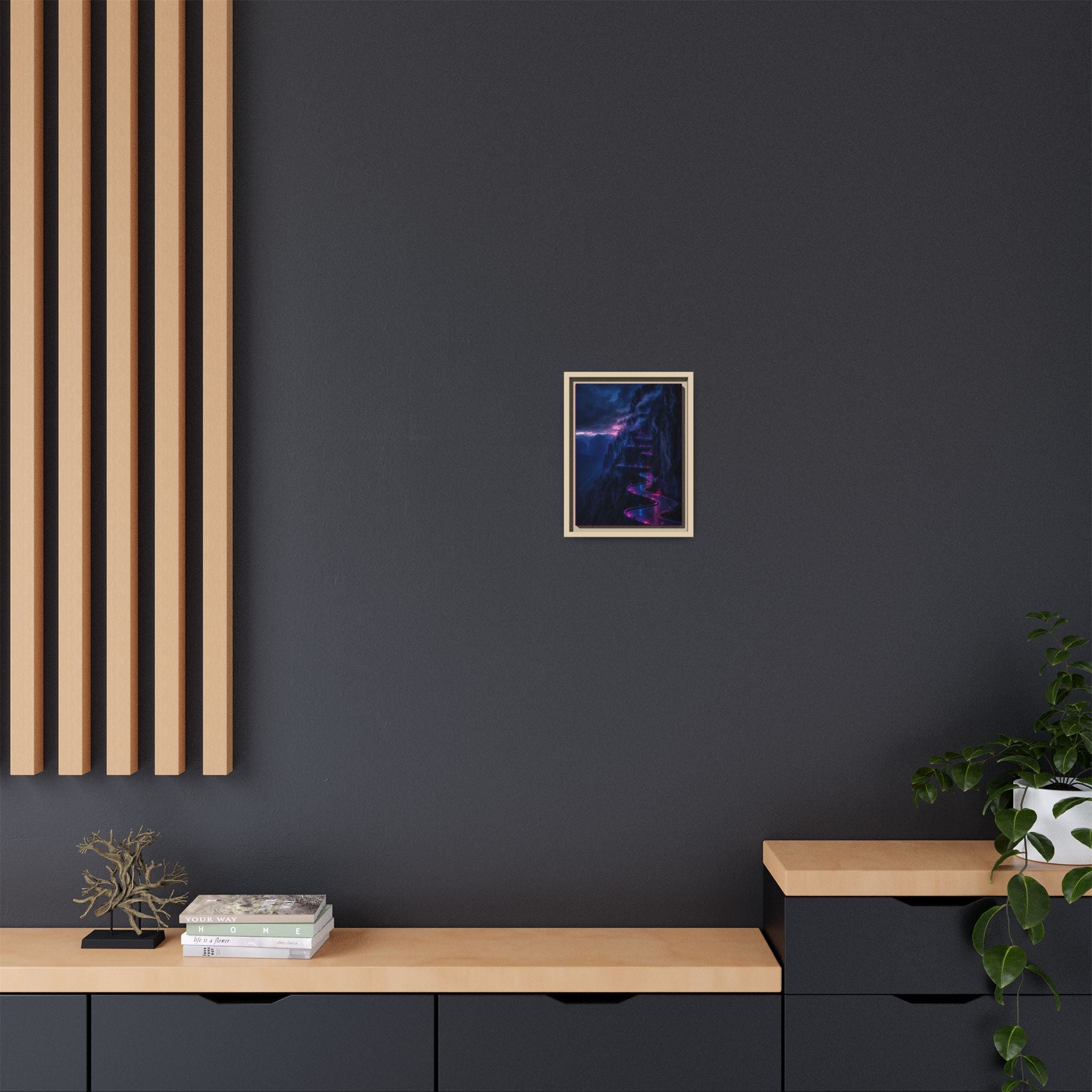 Neon Mountain Road Matte Canvas Print — Framed Nightscape Wall Art