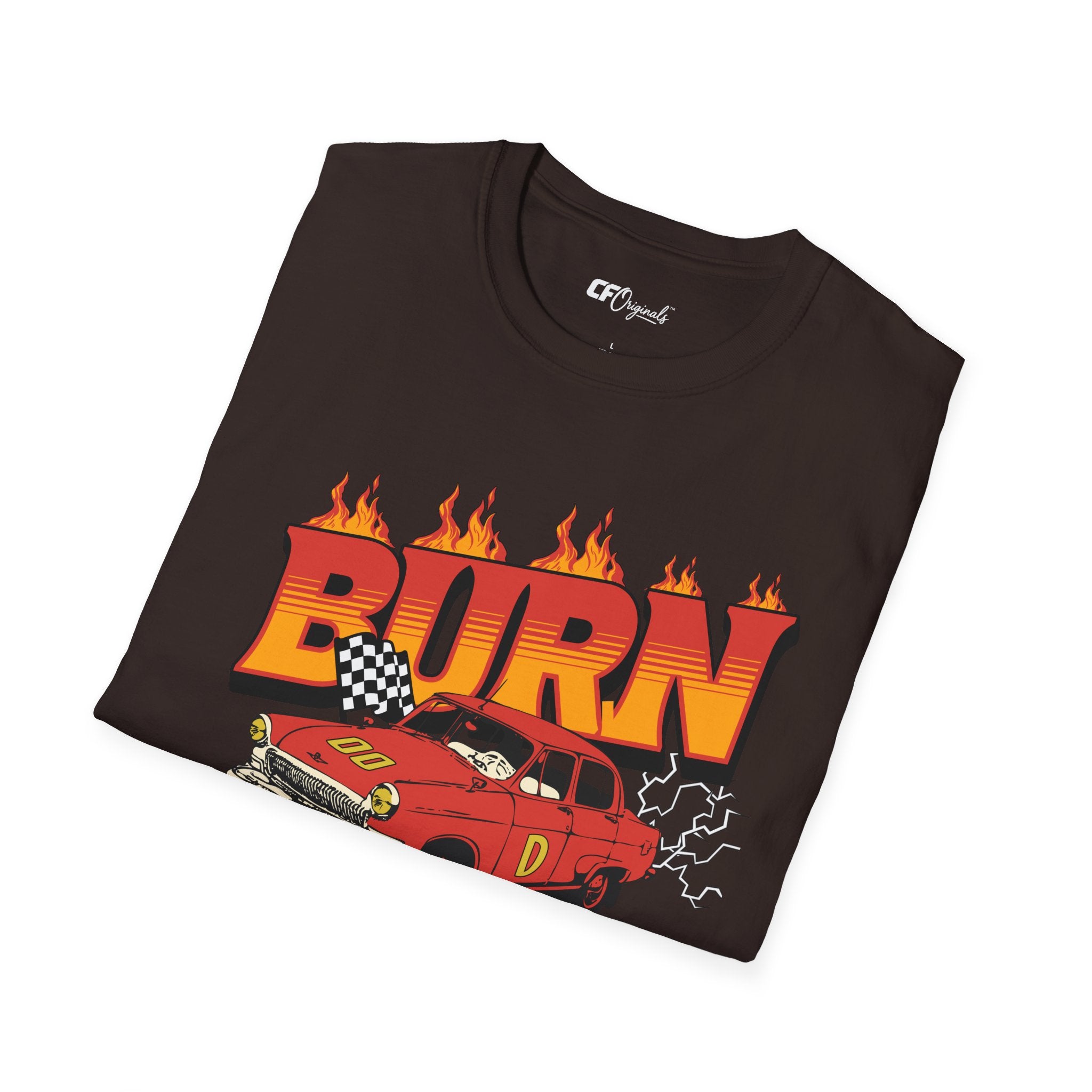 Racing 'BURN' Graphic Tee — Retro Flaming Racecar Chicago Track Shirt