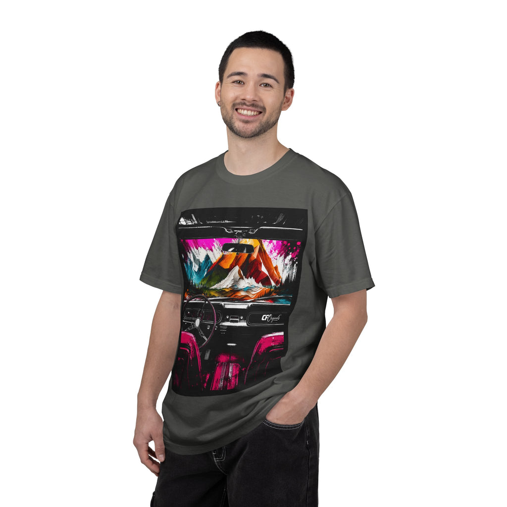 CarFits.store Big Prints T-Shirt — Retro Engine & Scenic Drive