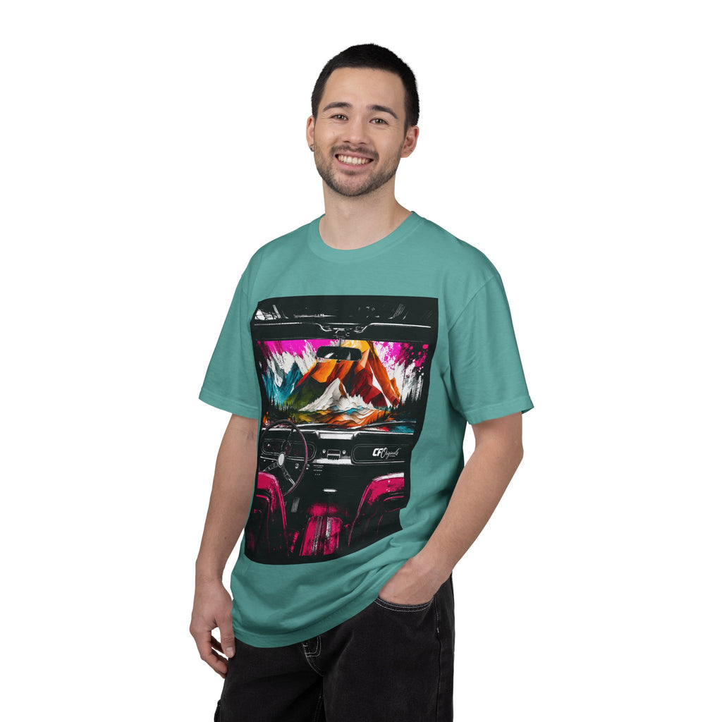 CarFits.store Big Prints T-Shirt — Retro Engine & Scenic Drive