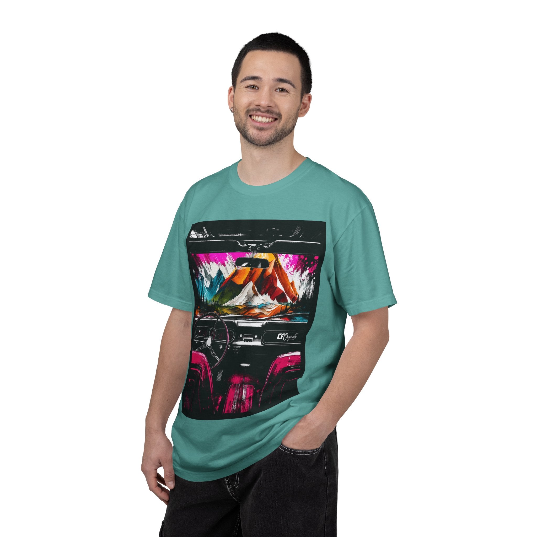 CarFits.store Big Prints T-Shirt — Retro Engine & Scenic Drive