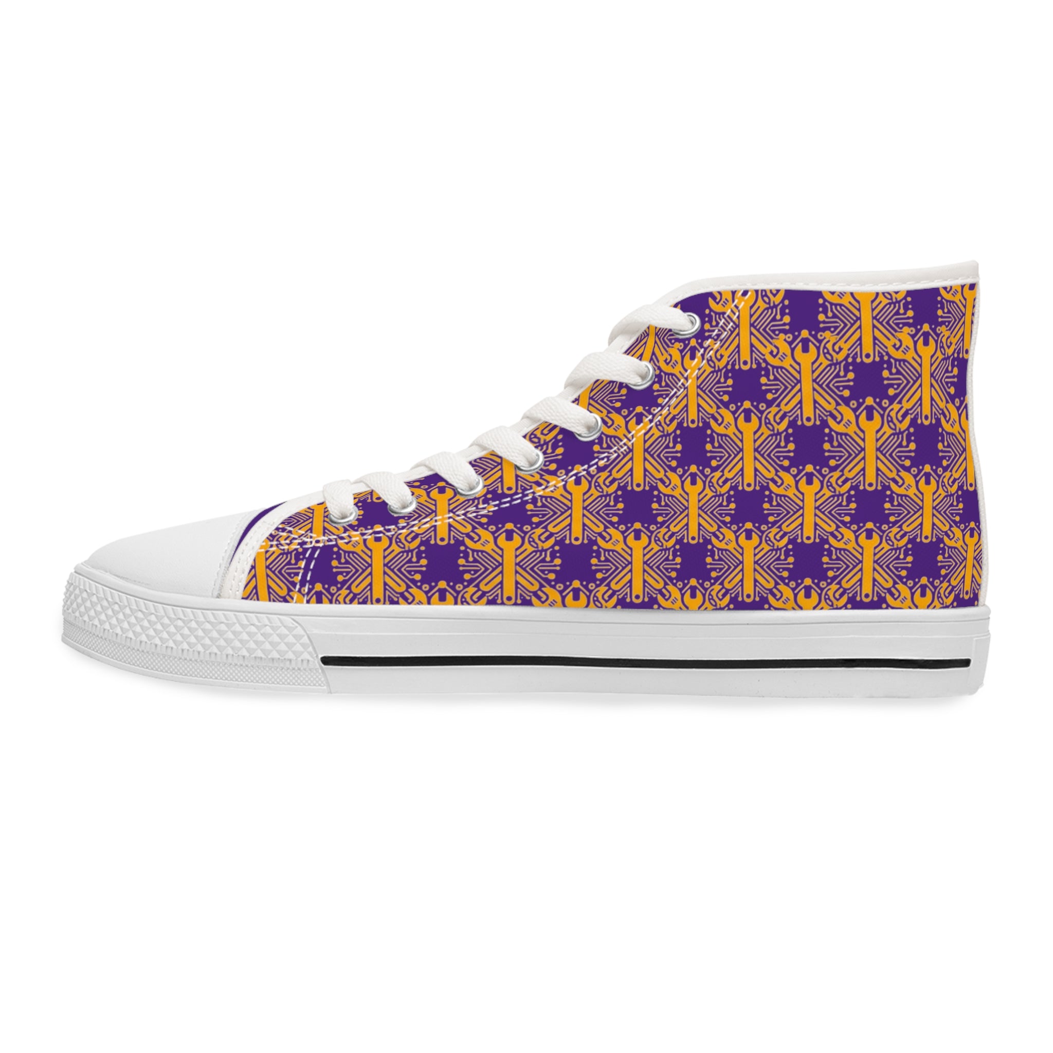 Purple and Gold Wrench High-Tops — Women's Patterned Canvas Shoes