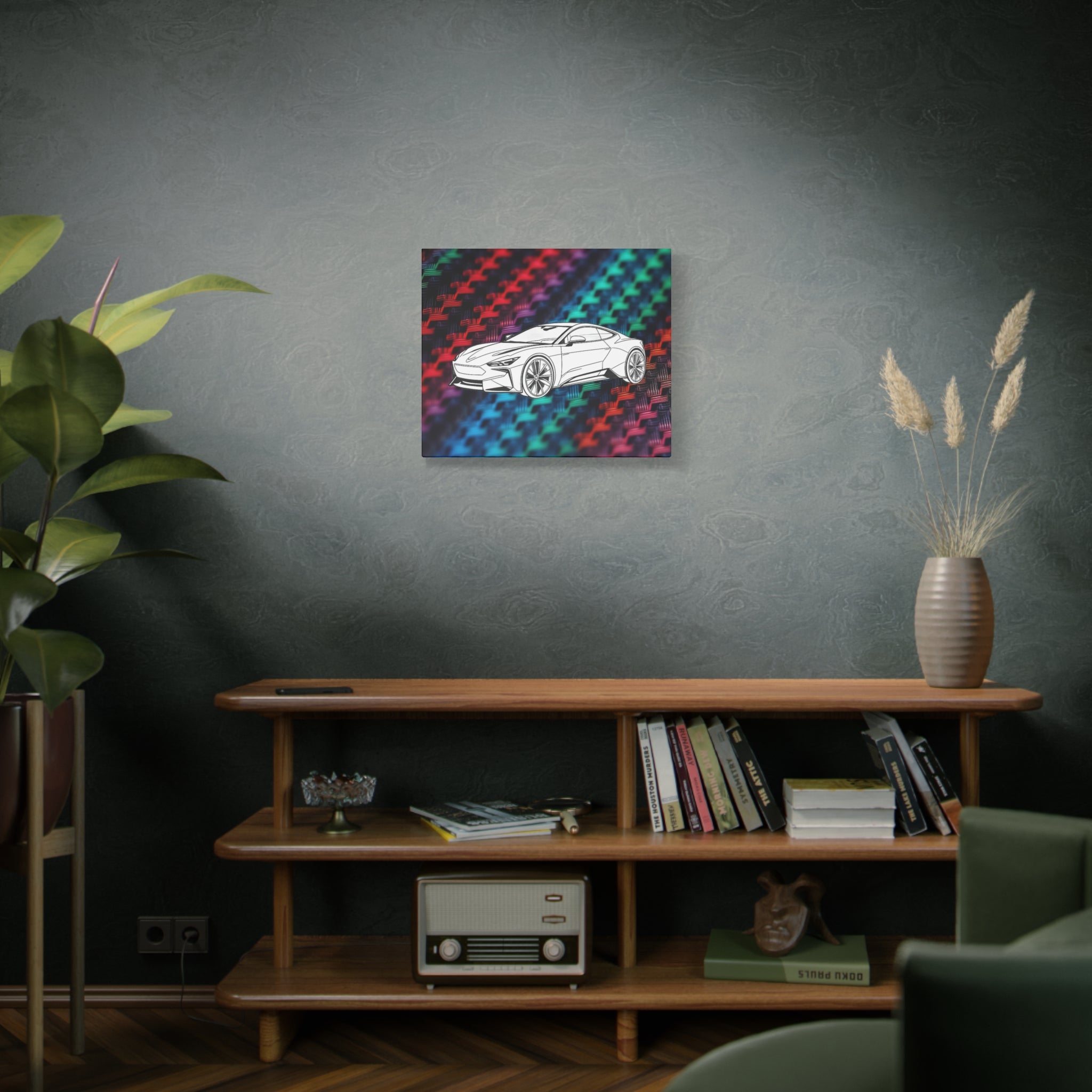Modern Sports Car Canvas Wall Art – White Line Drawing on Rainbow Carbon Fiber Background