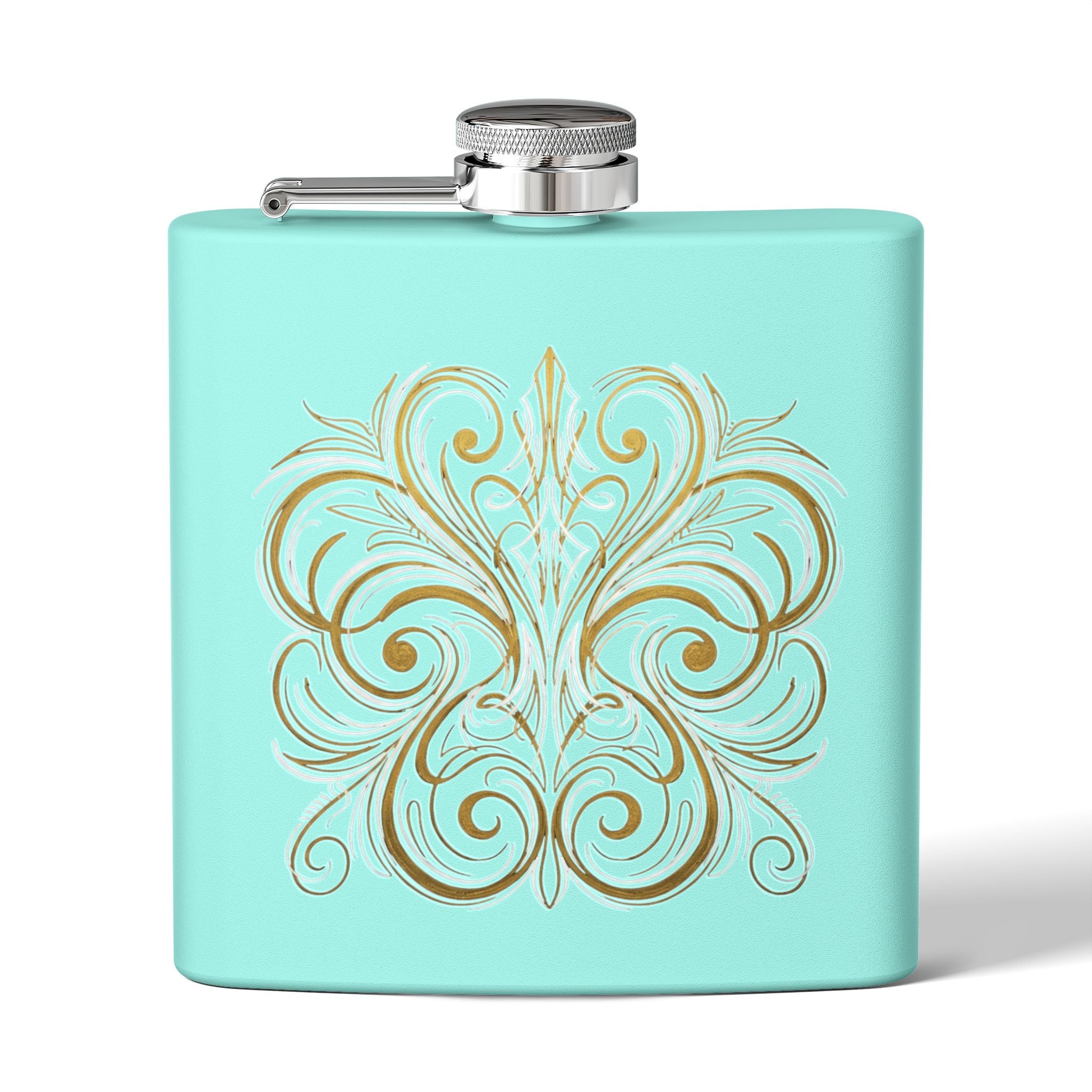 Gold Filigree 6oz Stainless Steel Flask — Vintage Pinstripe Pocket Hip Flask