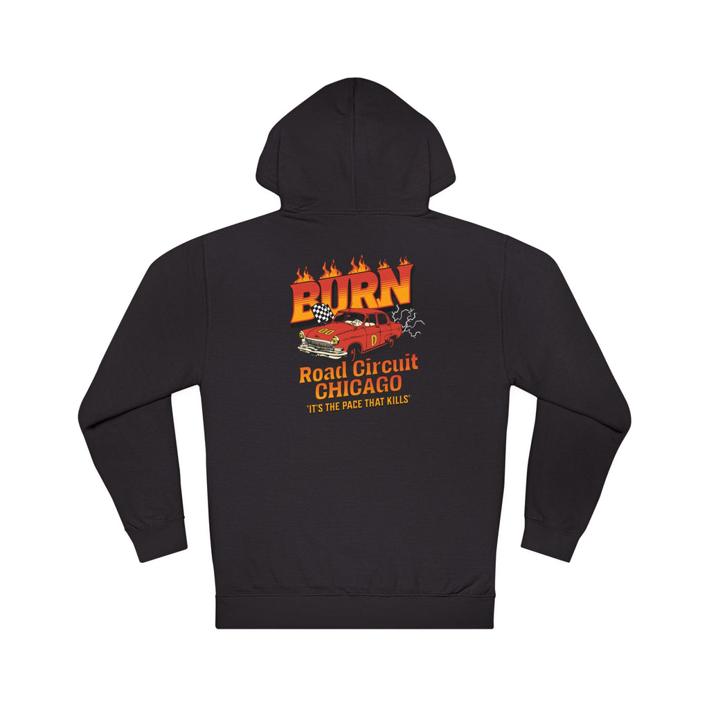 Chicago Road Circuit Hoodie — 'Burn' Flaming Race Car Retro Graphic Sweatshirt