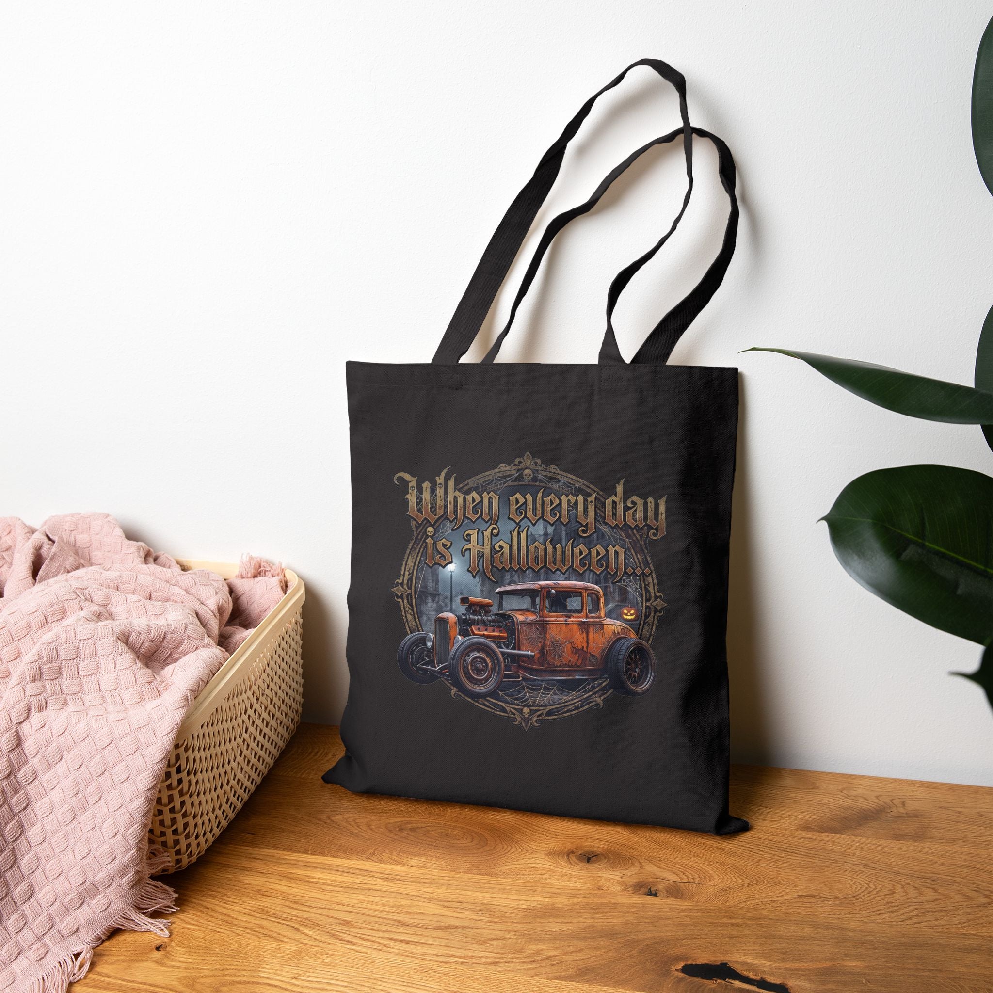 Halloween Vintage Car Tote Bag - "When Every Day is Halloween" Cotton Canvas Tote