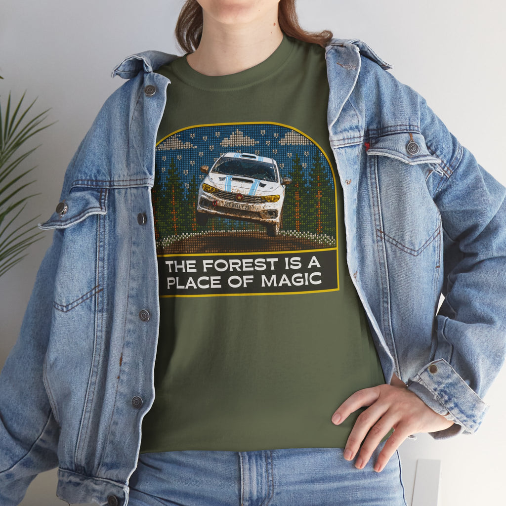 Forest Rally T‑Shirt – 'The Forest Is a Place of Magic' Cross-stitched Style Graphic
