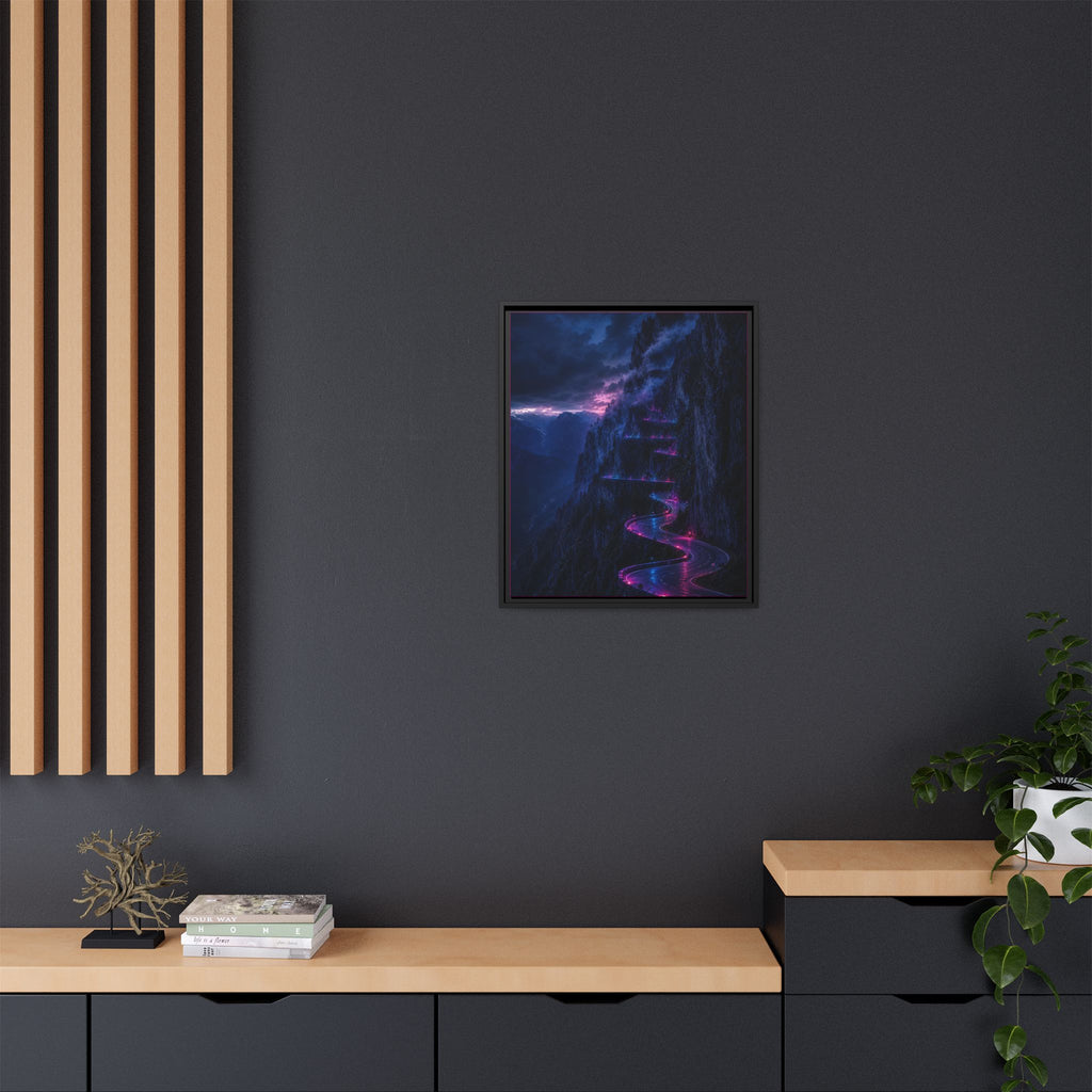 Neon Mountain Road Matte Canvas Print — Framed Nightscape Wall Art