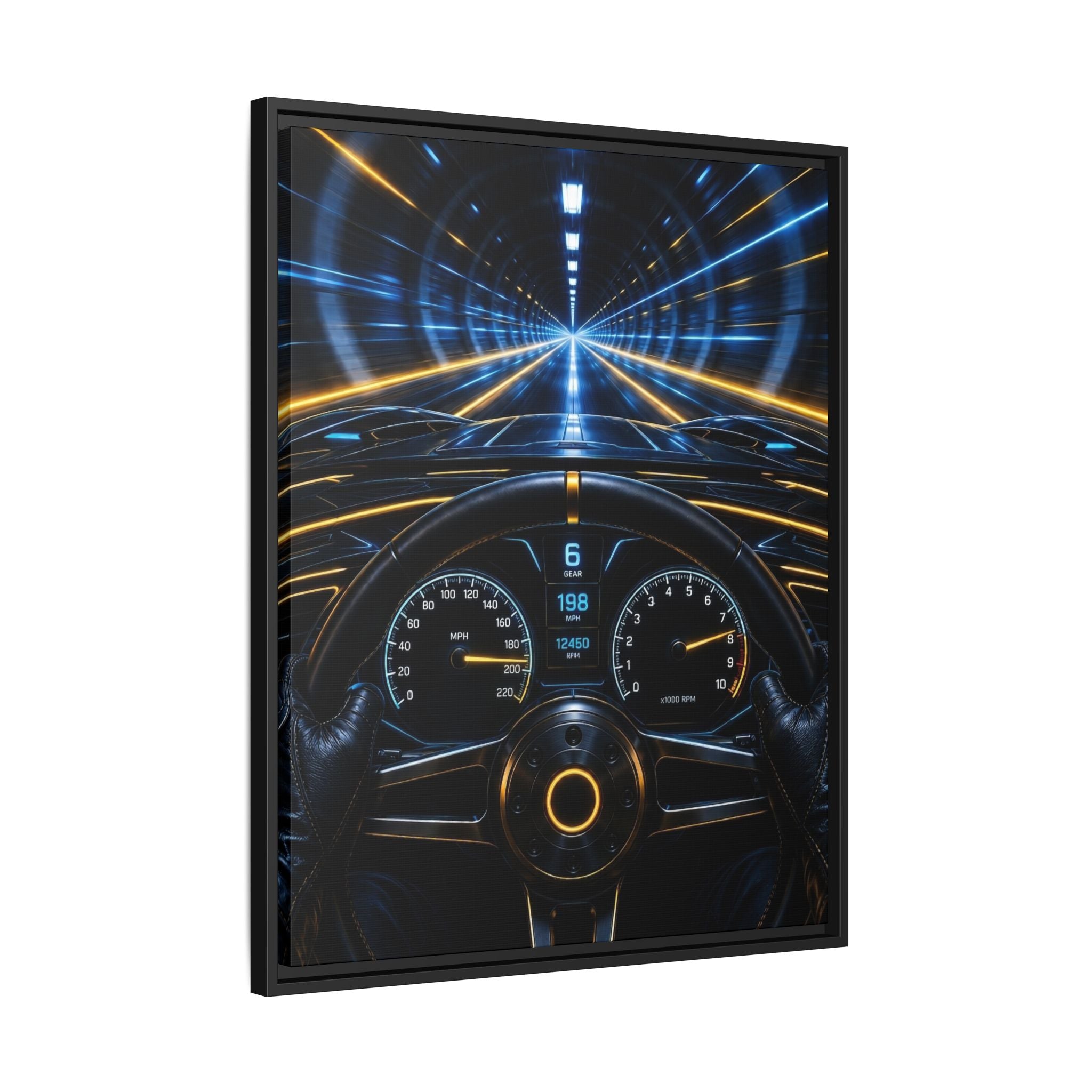 Tunnel Drive Framed Canvas Print — Retro Futuristic Car Dashboard Wall Art