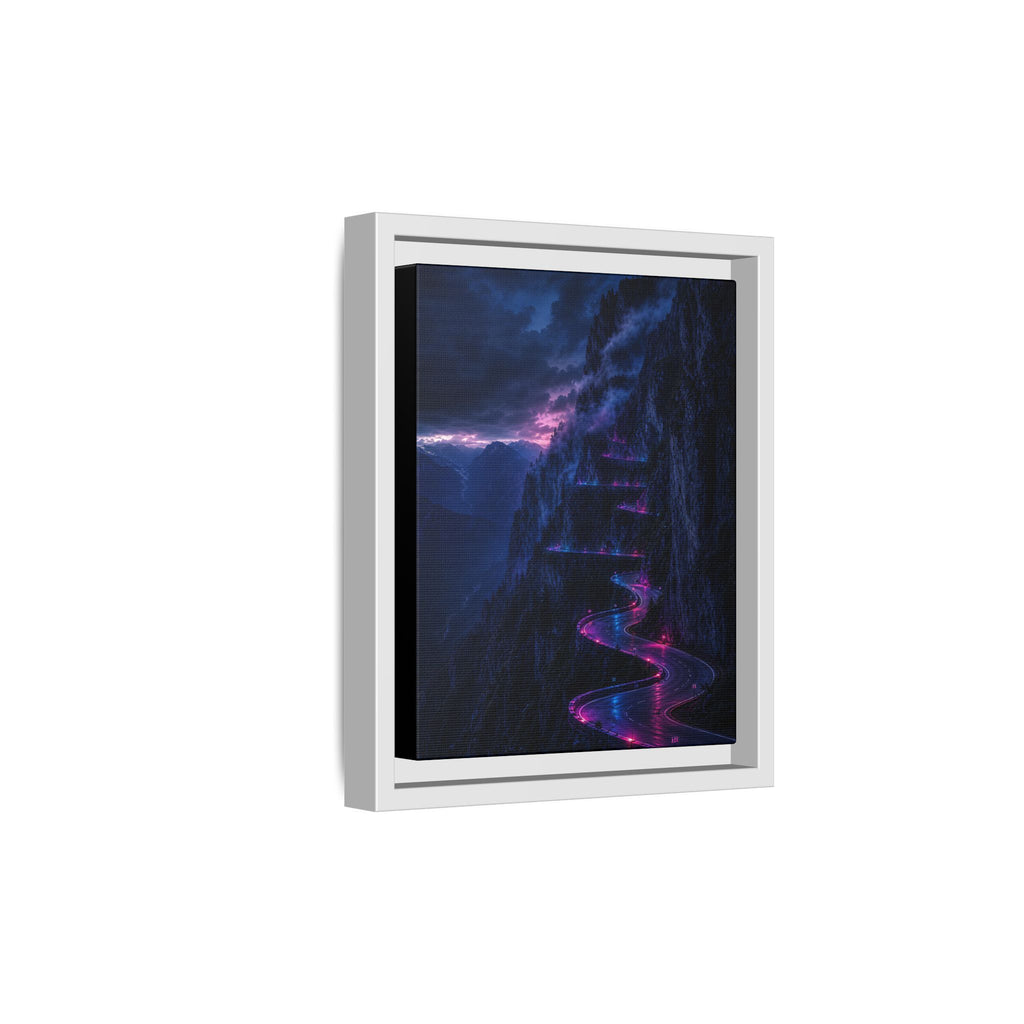 Neon Mountain Road Matte Canvas Print — Framed Nightscape Wall Art