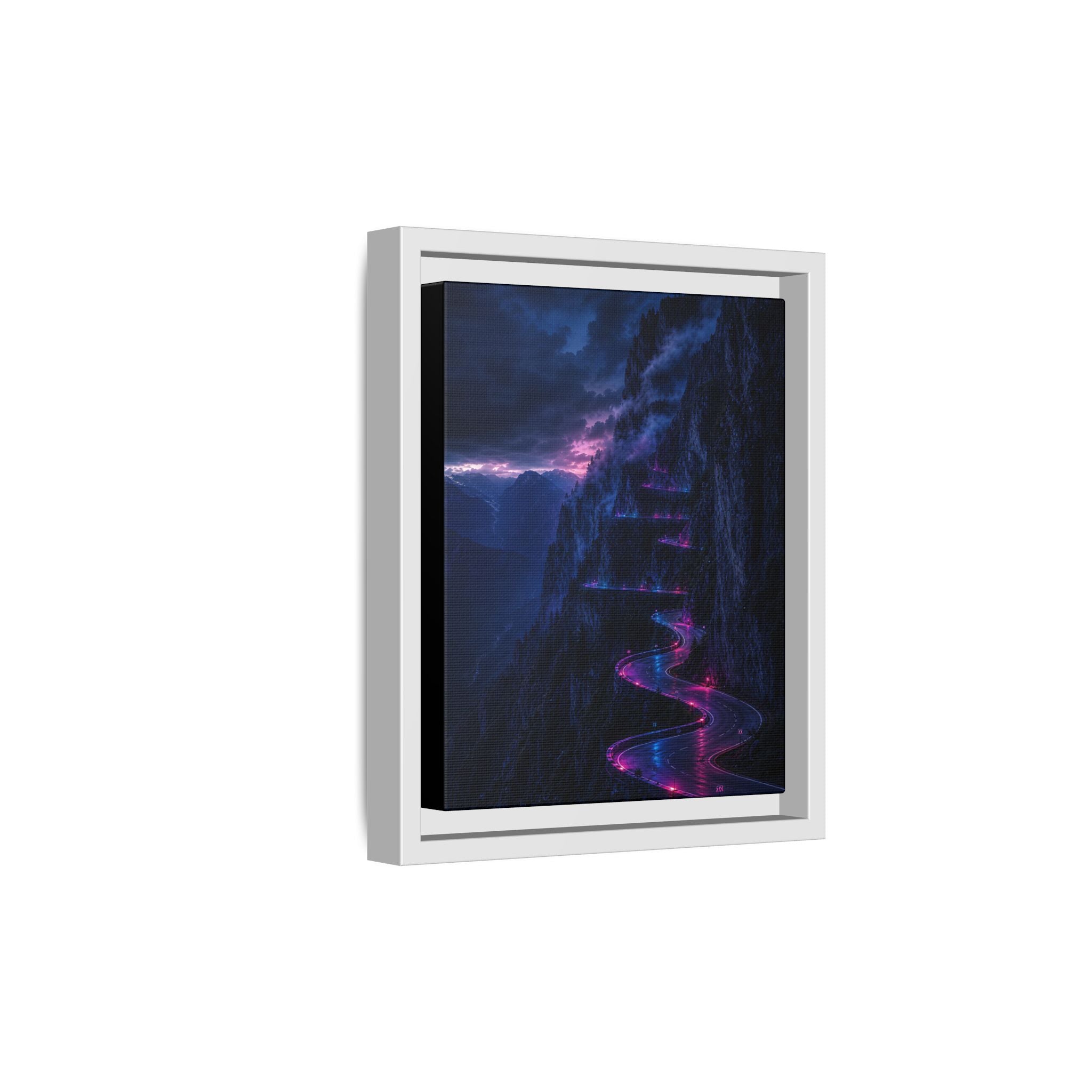 Neon Mountain Road Matte Canvas Print — Framed Nightscape Wall Art