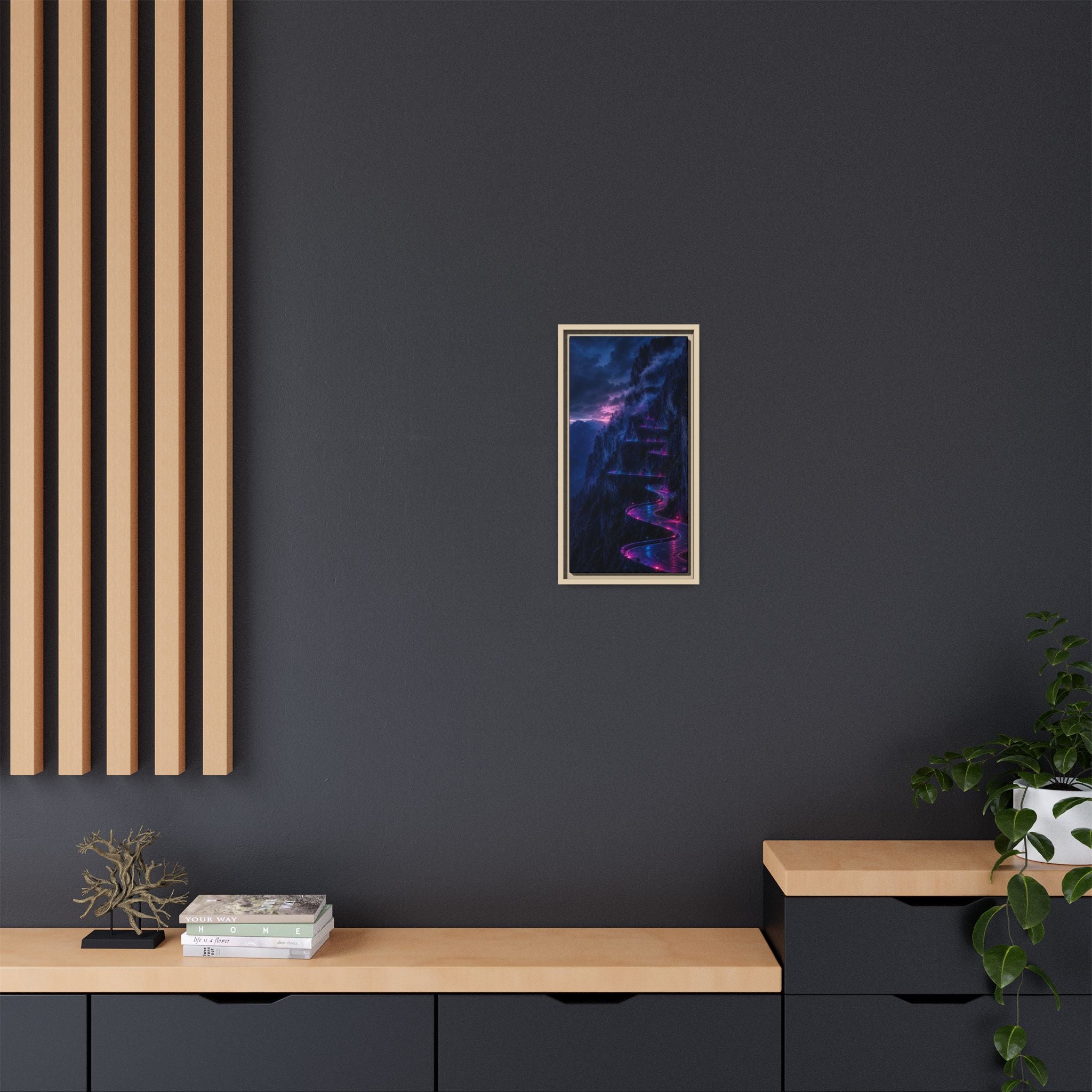 Neon Mountain Road Matte Canvas Print — Framed Nightscape Wall Art