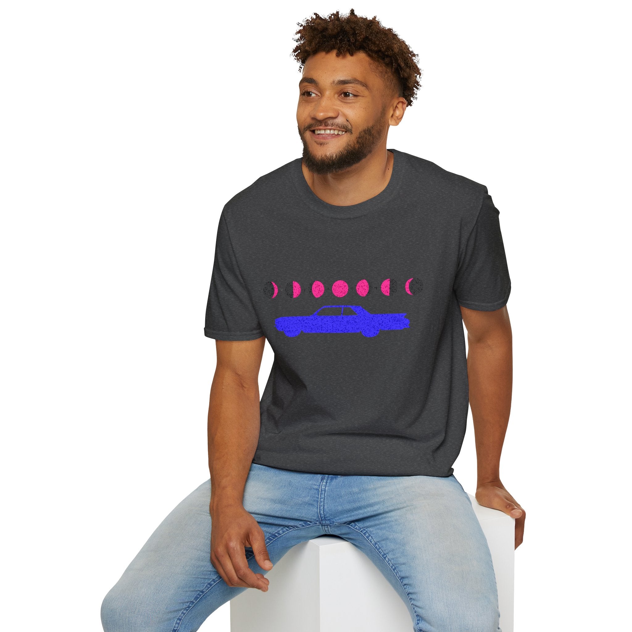 Retro Moon Phase Car T‑Shirt — Blue Classic Car with Pink Moon Phases