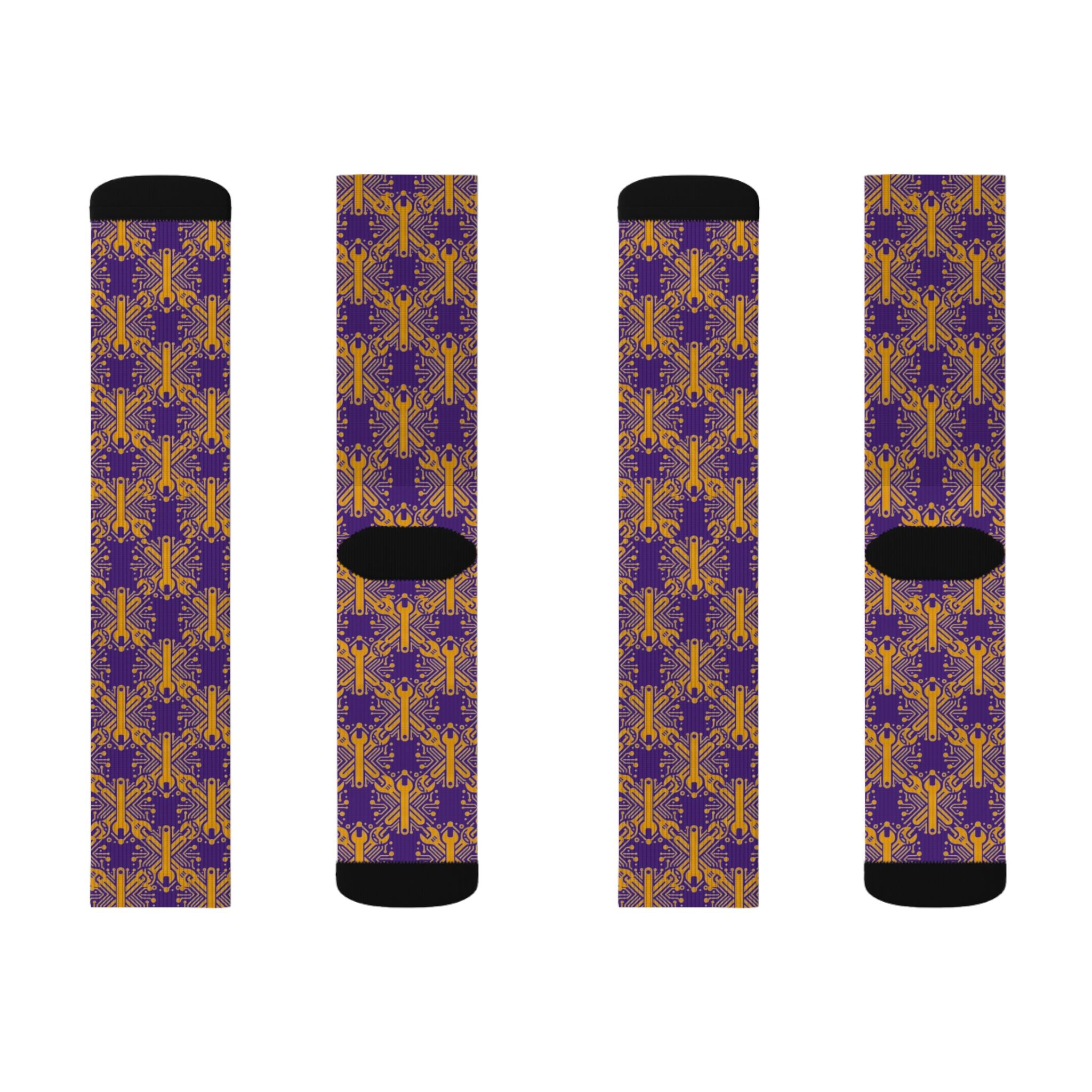 Purple and Gold Wrench Pattern — Crew Socks