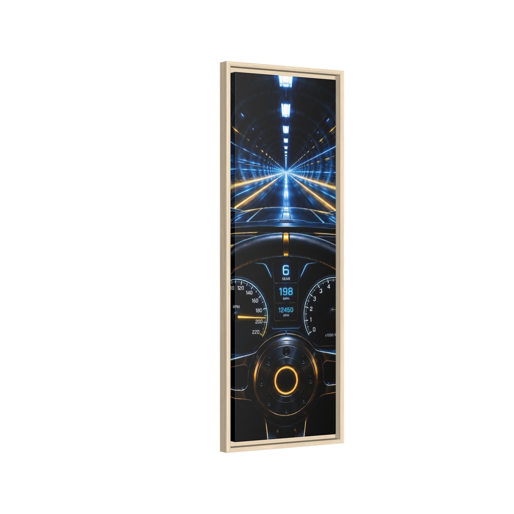 Tunnel Drive Framed Canvas Print — Retro Futuristic Car Dashboard Wall Art