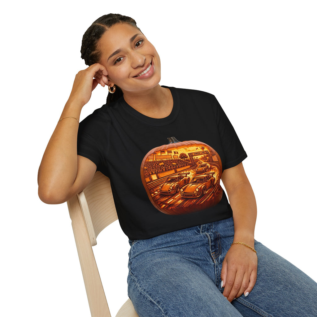 Vintage Racing Pumpkin T-Shirt — Retro Car Grand Prix Halloween Tee