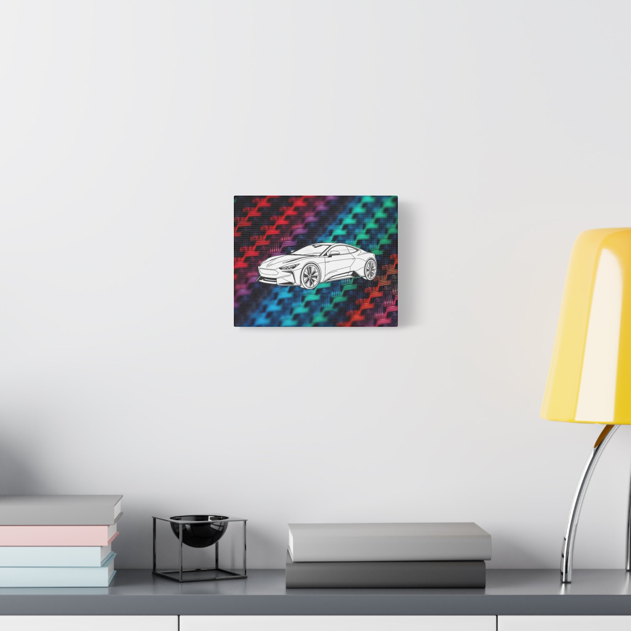 Modern Sports Car Canvas Wall Art – White Line Drawing on Rainbow Carbon Fiber Background