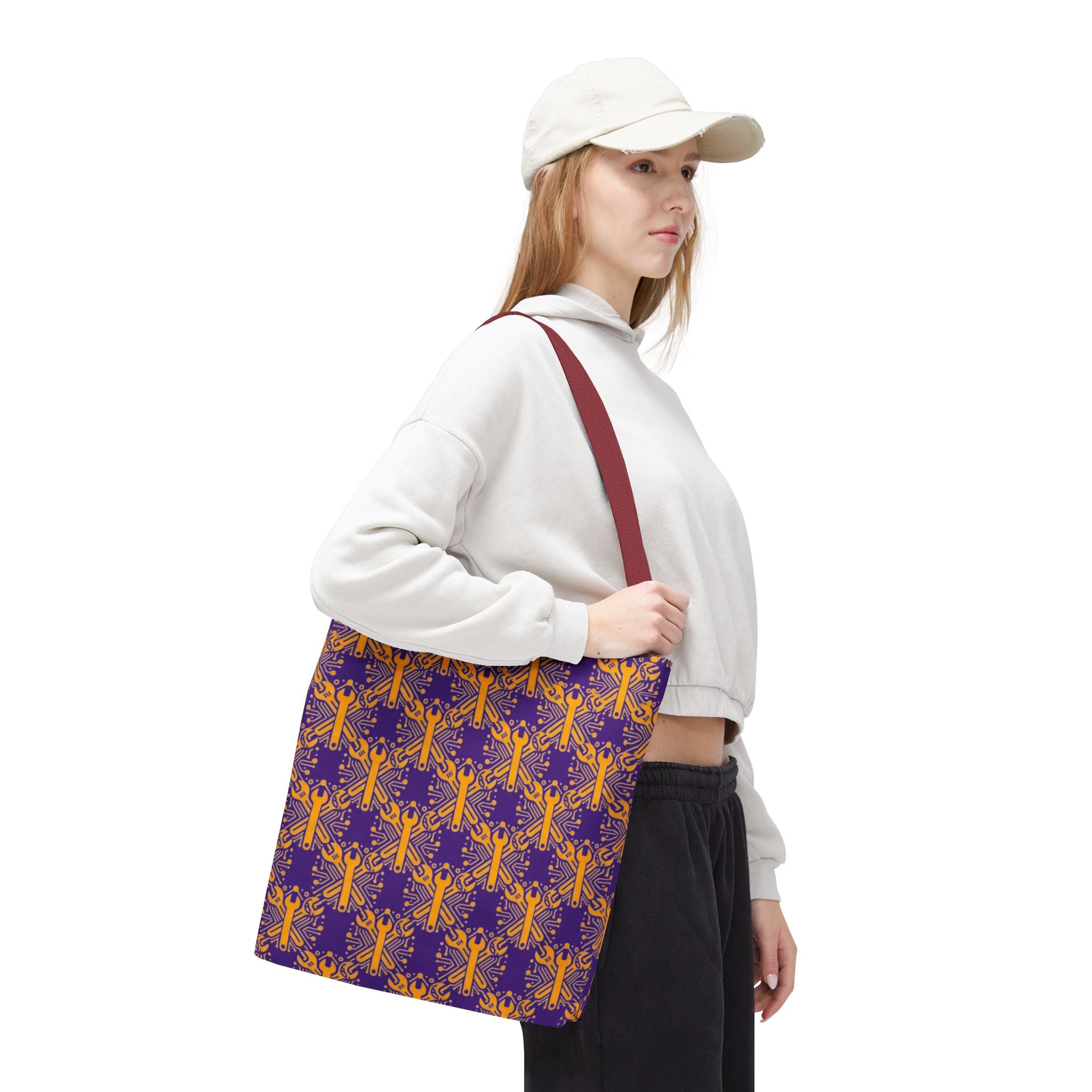 Purple & Gold Wrench Pattern Tote Bag – Automotive All-Over Print Tote