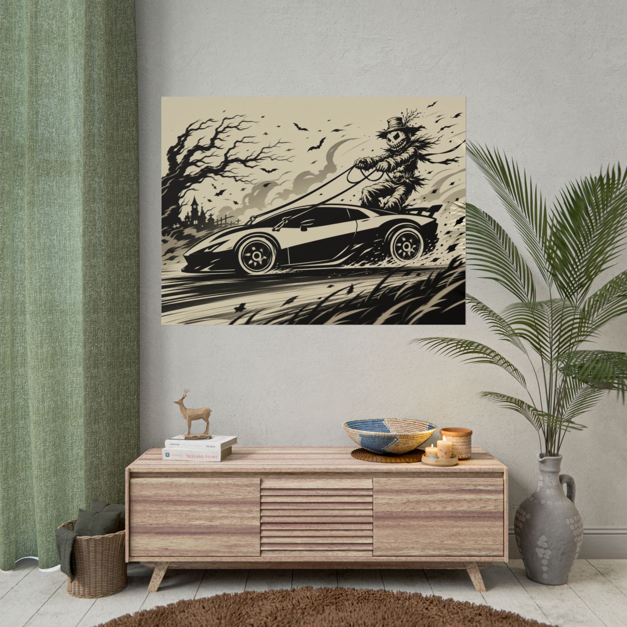 Poster - Scarecrow Driving Sports Car Vintage Halloween Art Print